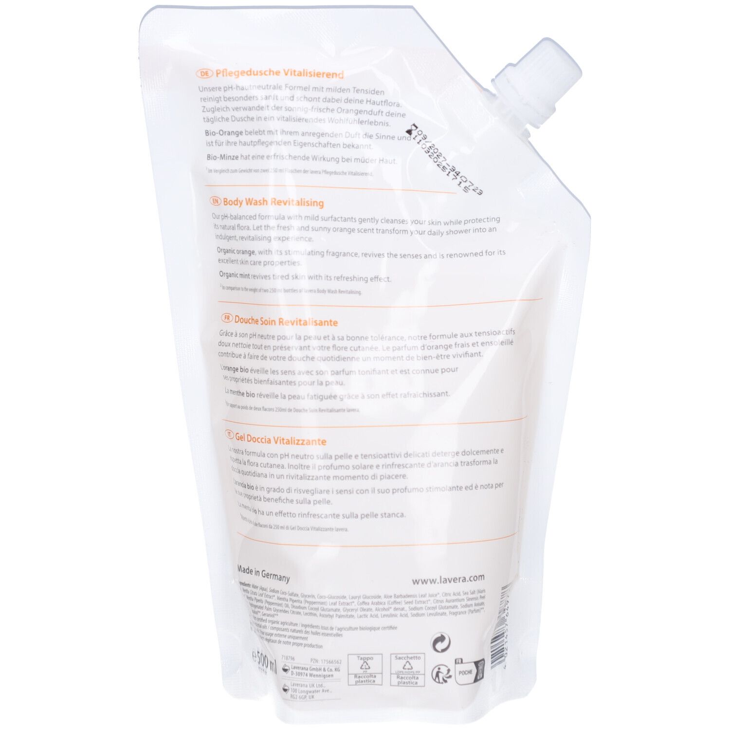 Rückseite des Nachfüllbeutels. Text in mehreren Sprachen. Enthält Informationen zum Produkt und Inhaltsstoffen.