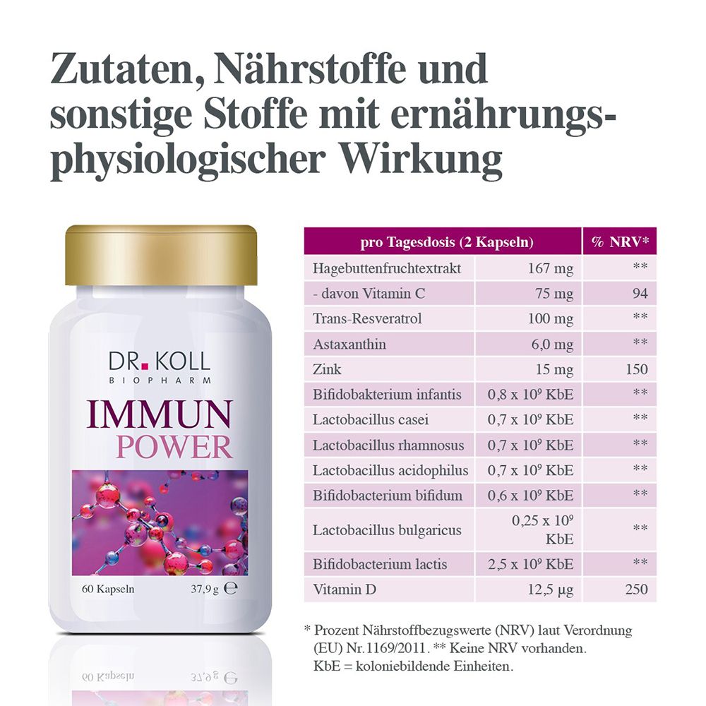 DR. KOLL IMMUN POWER Kapseldose neben einer Nährwerttabelle.