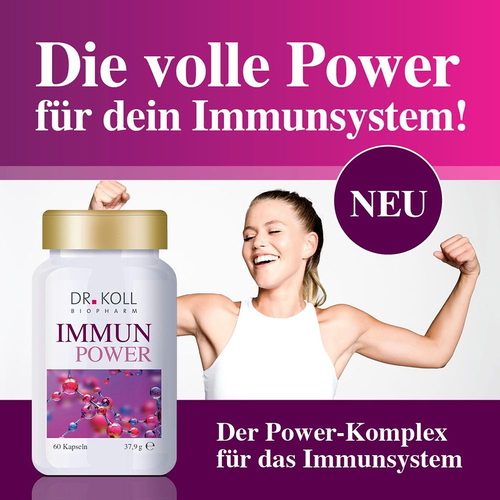 DR. KOLL IMMUN POWER Dose neben einer lächelnden Frau, die Sport treibt.