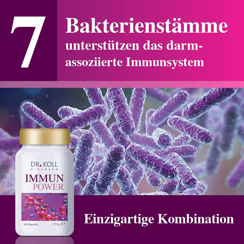 DR. KOLL IMMUN POWER Dose vor einer Nahaufnahme von Bakterienkulturen.