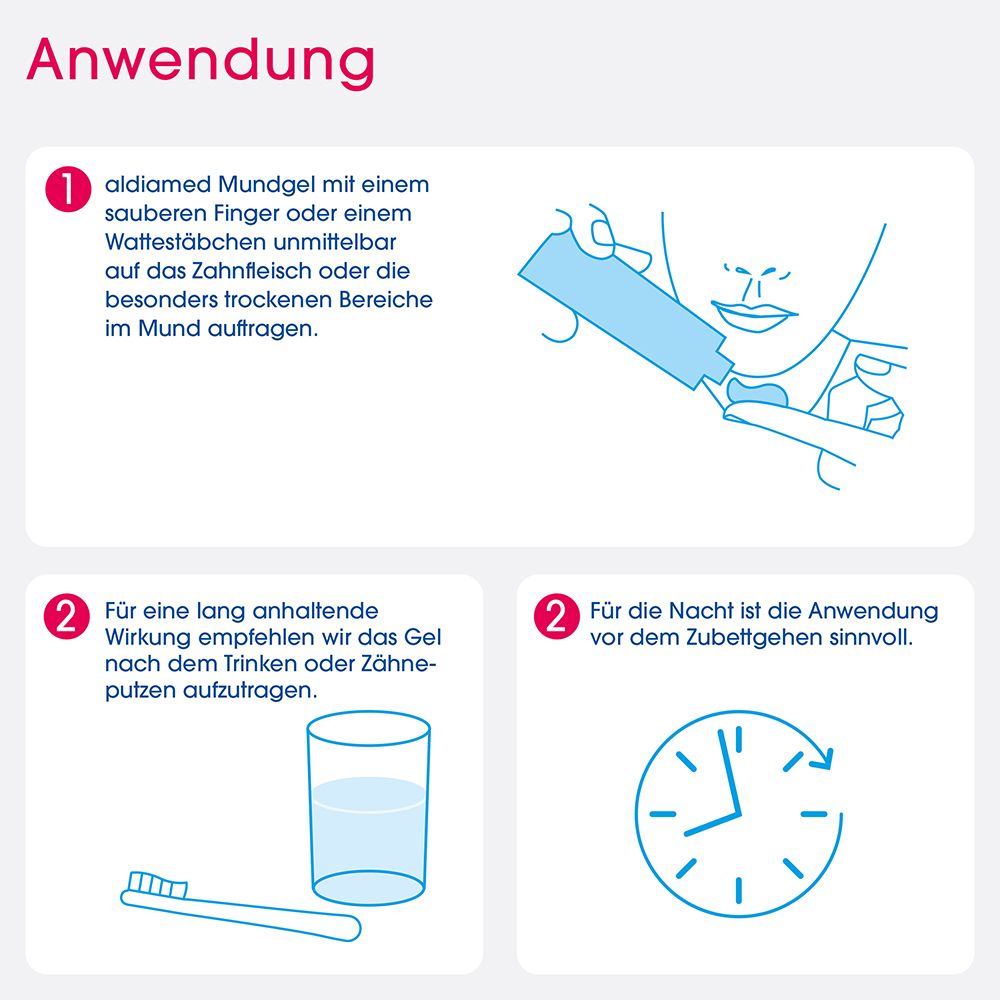 aldiamed Mundgel Anwendungshinweise: Auftragen und Anwendung zur Nacht.