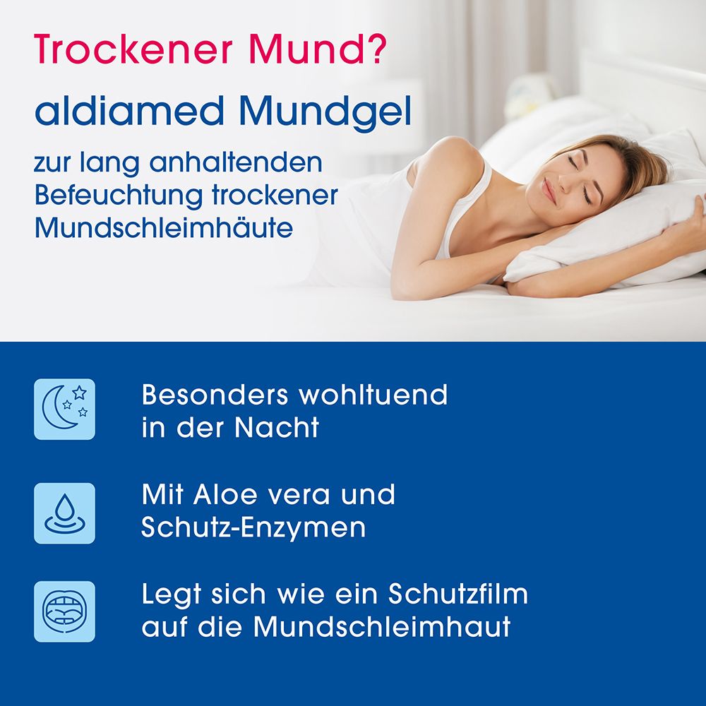 aldiamed Mundgel: Frau schläft im Bett, Text über Befeuchtung.