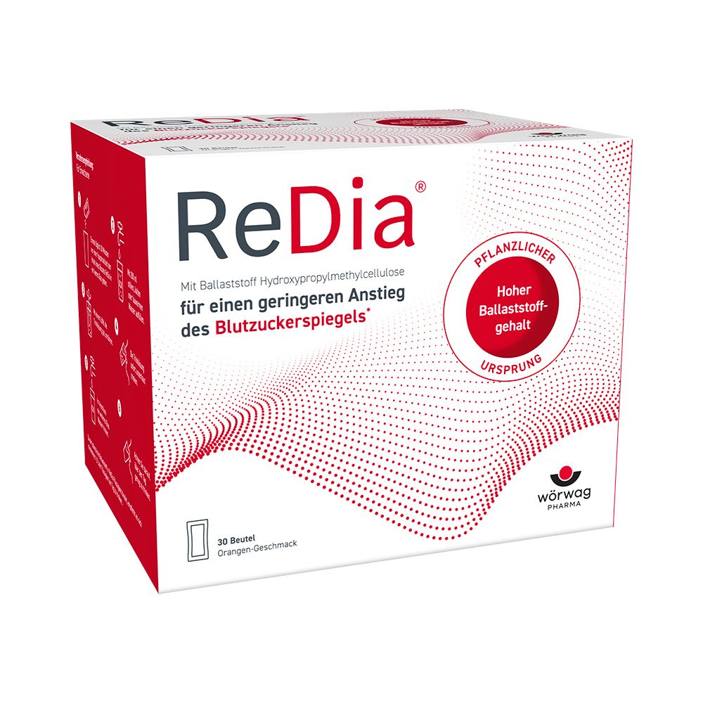 ReDia®-Box. Weiß-rote Verpackung mit Produktnamen und Informationen. 30 Beutel, Orangengeschmack.