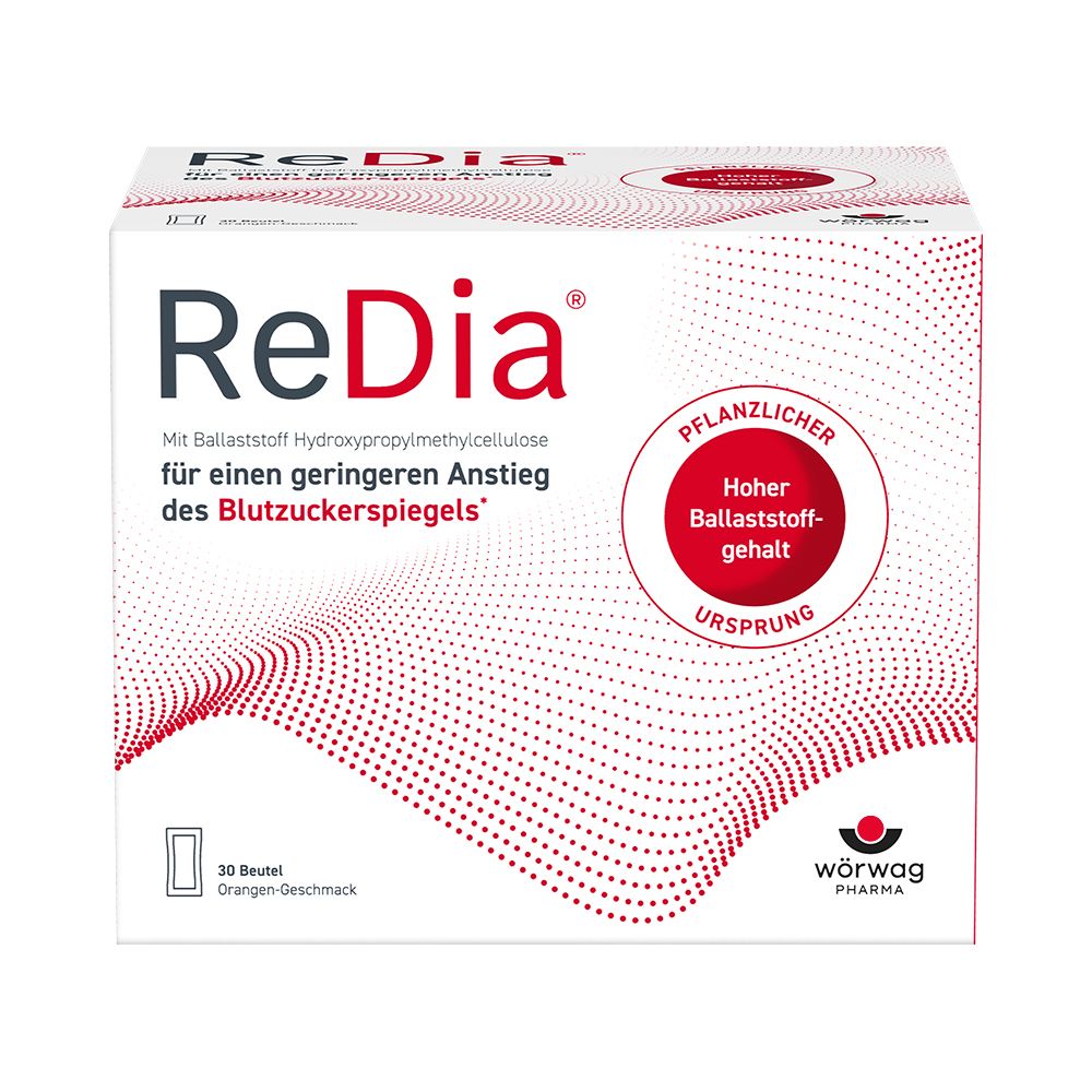 ReDia®-Box. Weiß-rote Verpackung mit Produktnamen und Informationen. 30 Beutel, Orangengeschmack.