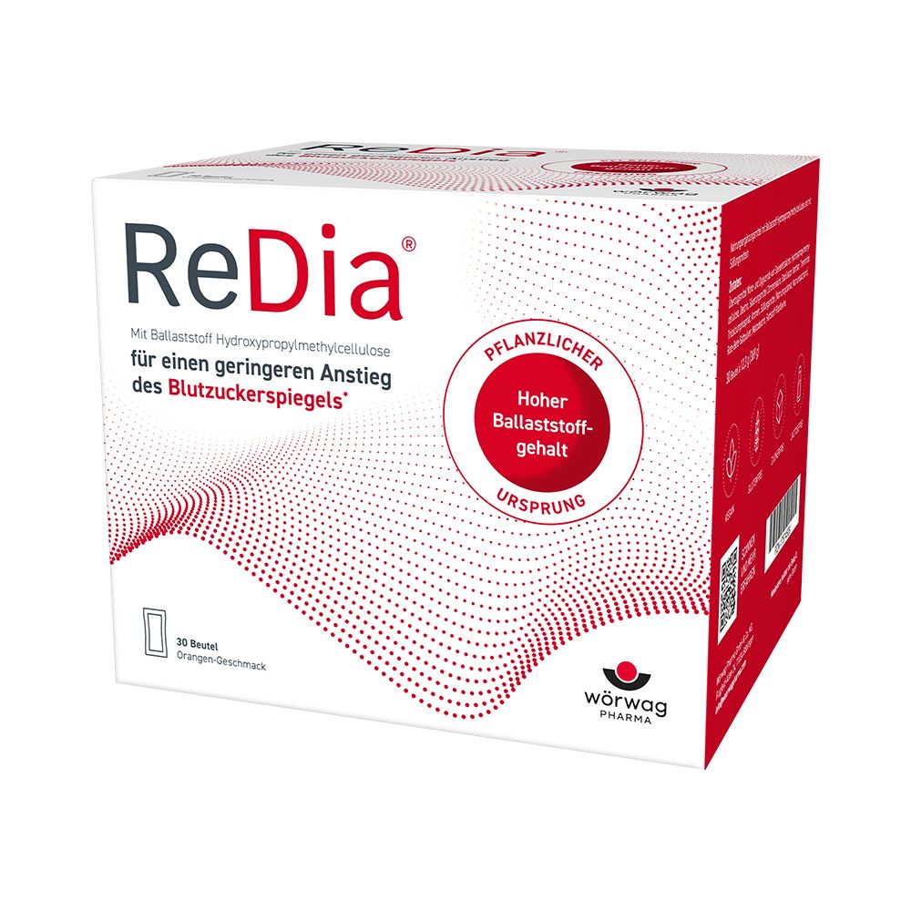 ReDia®-Box. Weiß-rote Verpackung mit Produktnamen und Informationen. 30 Beutel, Orangengeschmack.