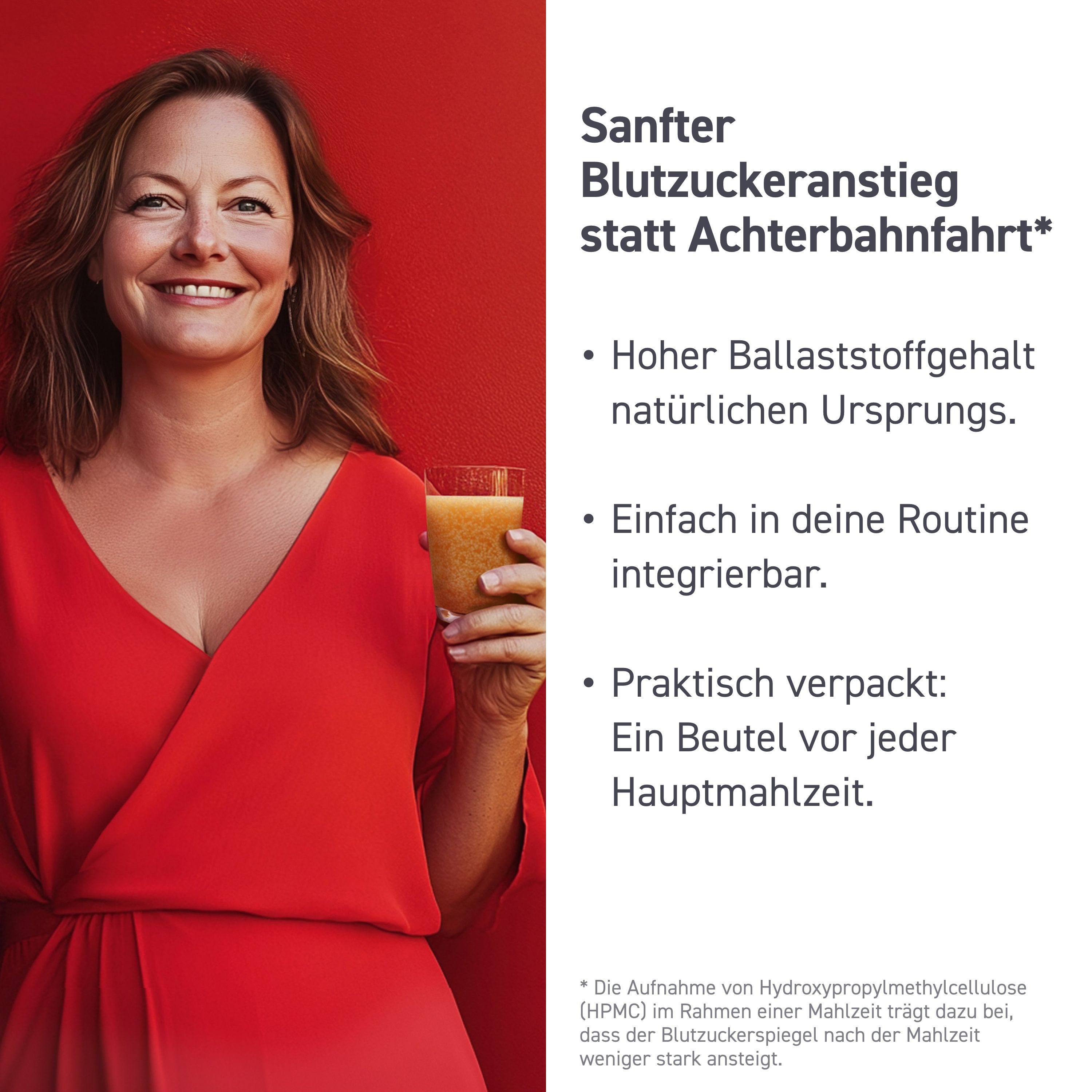 Frau hält Glas mit Getränk. Roter Hintergrund. Text: Sanfter Blutzuckeranstieg statt Achterbahnfahrt.