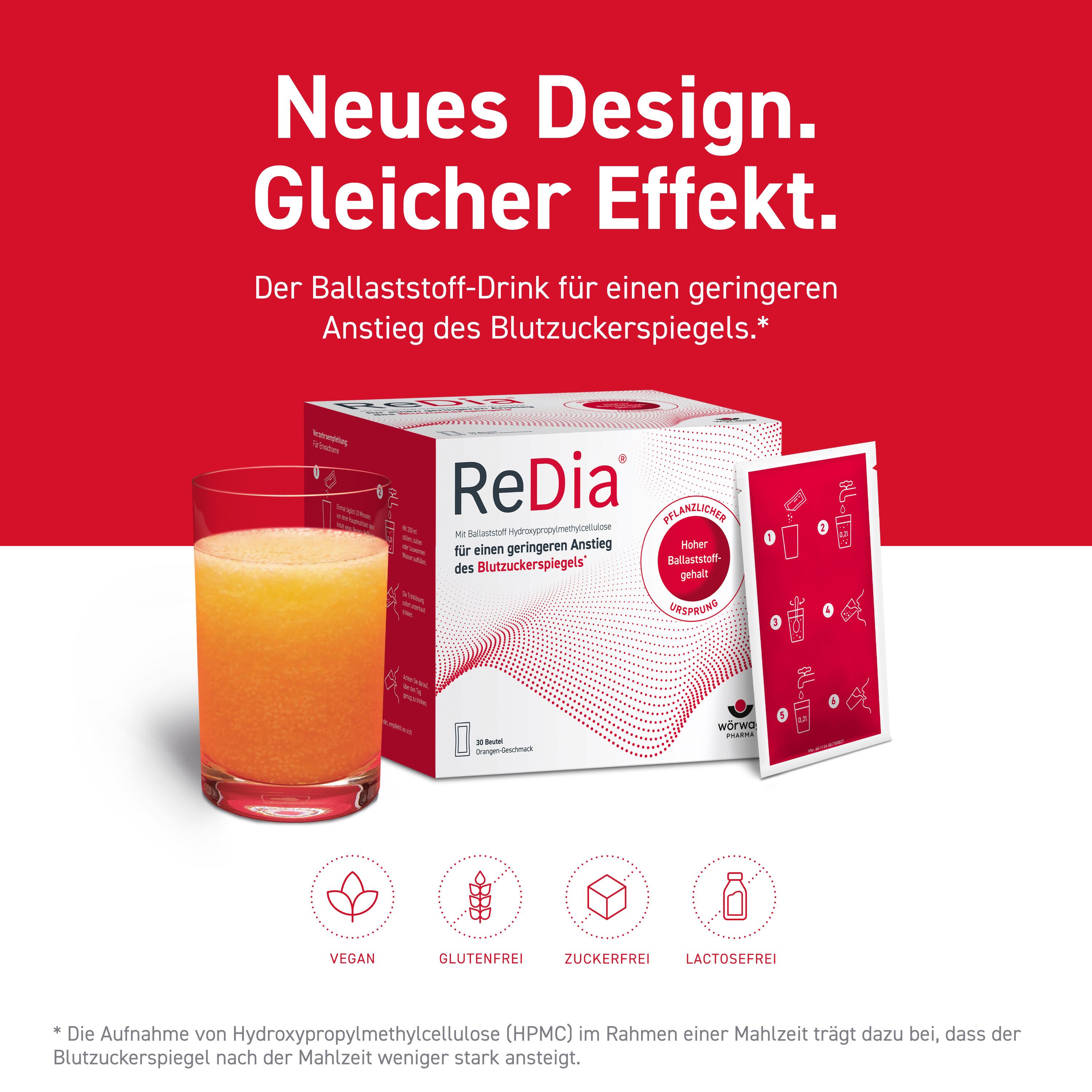 Glas mit Getränk, ReDia®-Box und Beutel. Text: Neues Design. Gleicher Effekt. Vegan, glutenfrei, zuckerfrei, laktosefrei.