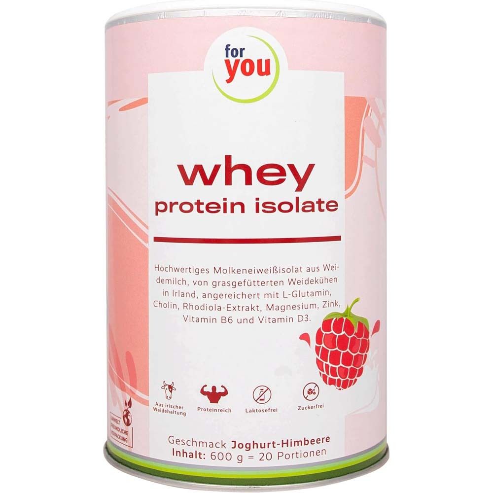 Rosa Dose mit "for you"-Logo und "whey protein isolate"-Schriftzug. Geschmack: Joghurt-Himbeer. 600 g, 20 Portionen.