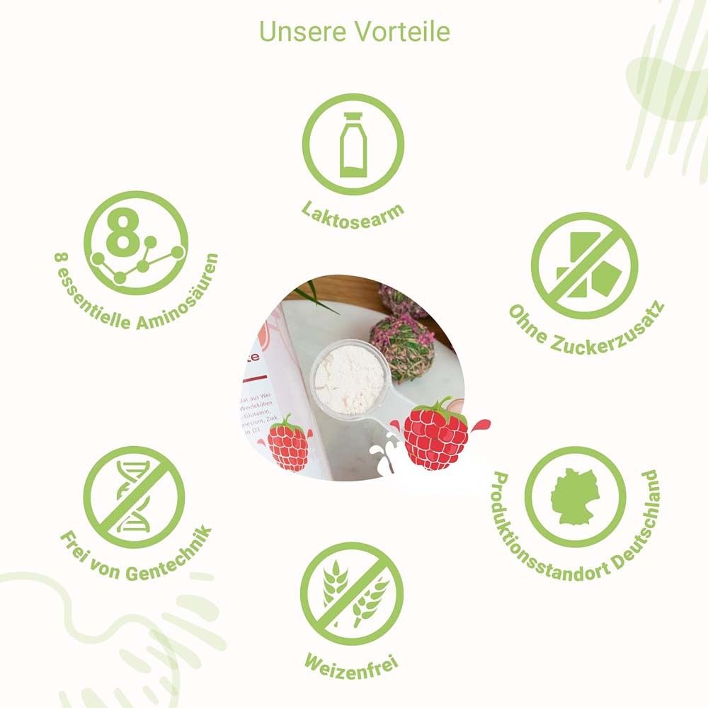 Grafik mit Icons: Laktosearm, 8 essentielle Aminosäuren, ohne Zuckerzusatz, gentechnikfrei, weizenfrei, Produktionsstandort Deutschland.