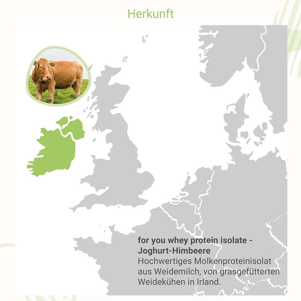 Karte mit Umrissen von Großbritannien und Irland. Text: Herkunft. Text: "for you whey protein isolate" aus Weidemilch aus Irland.