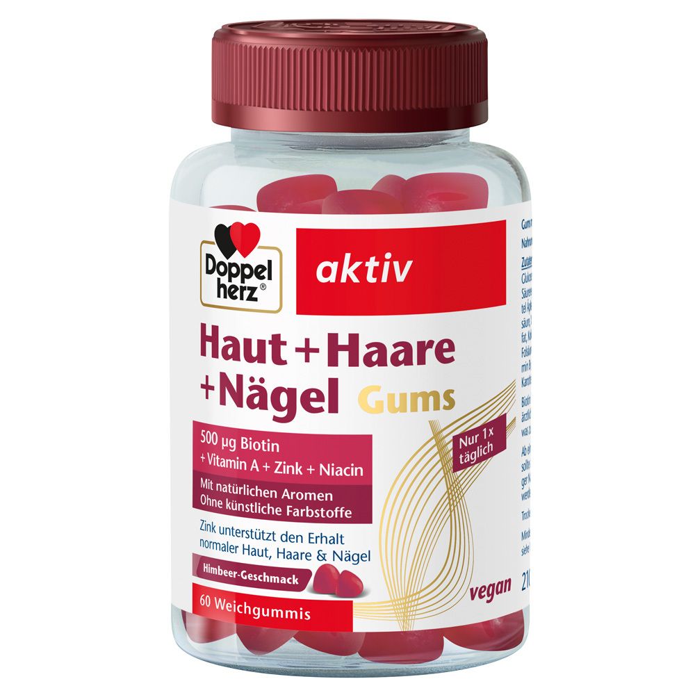 Doppelherz aktiv Haut + Haare + Nägel Gums. Rote Gummibärchen in einer transparenten Flasche mit rotem Deckel. Vegan.