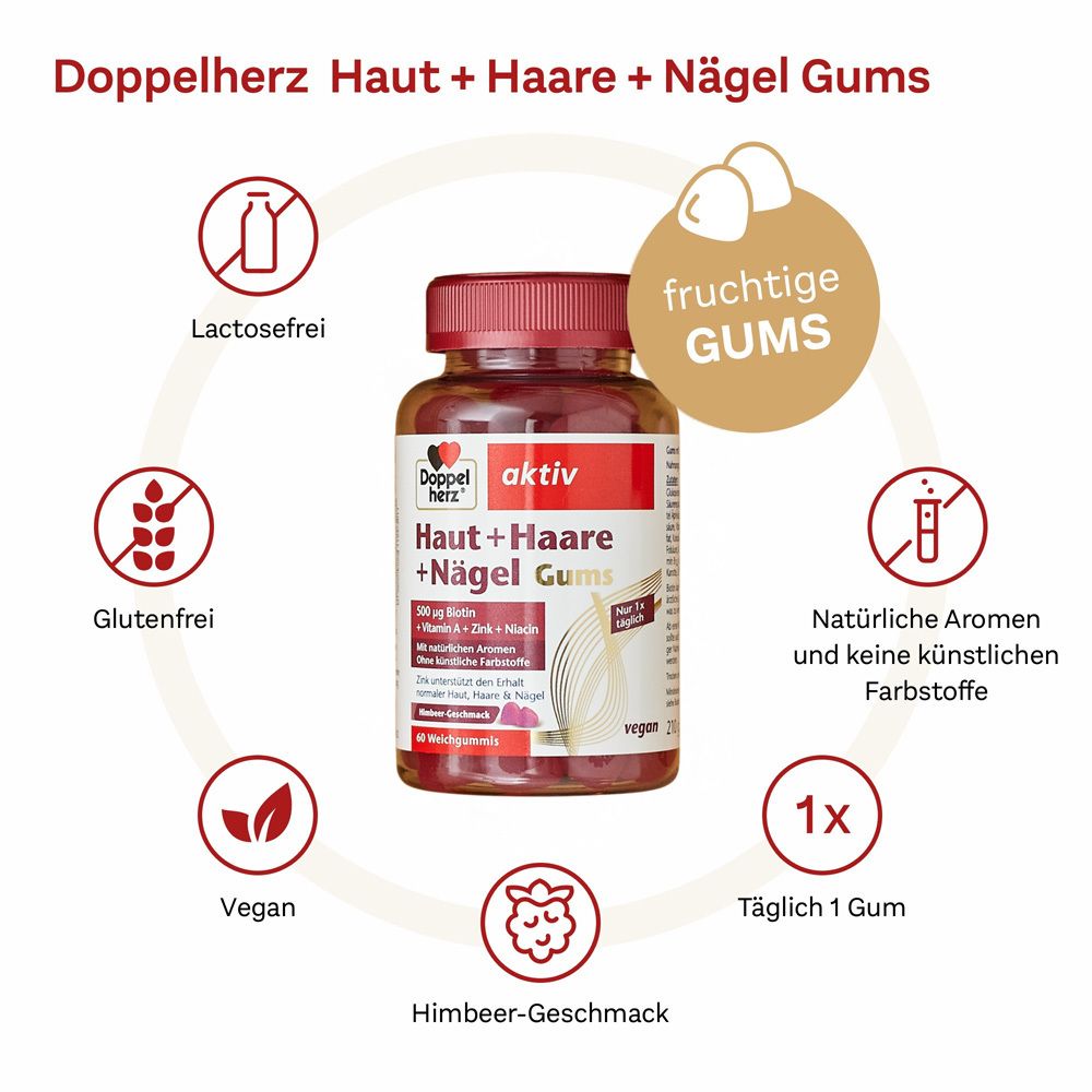 Doppelherz Haut + Haare + Nägel Gums. Produktabbildung mit Icons: glutenfrei, vegan, Himbeer-Geschmack, 1x täglich, etc.