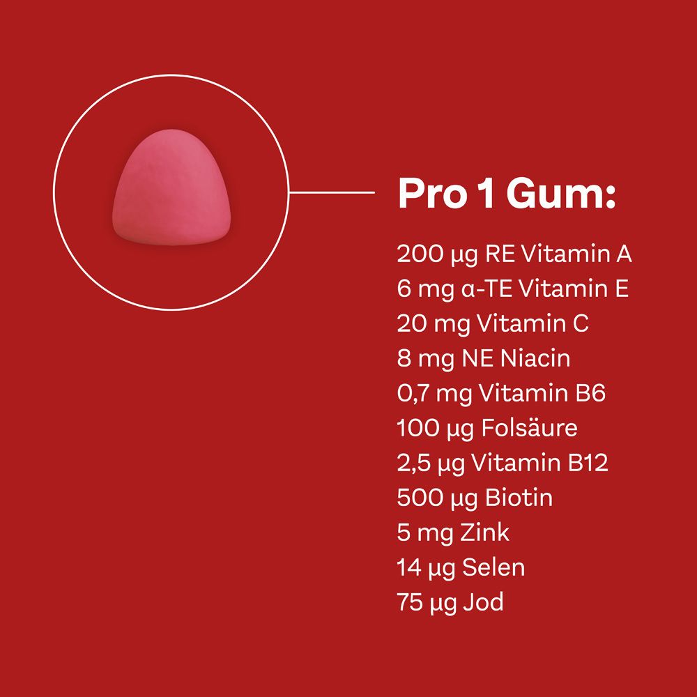 Nährwertangaben pro Gummibärchen: Vitamin A, E, C, Niacin, B6, Folsäure, B12, Biotin, Zink, Selen, Jod. Rote Gummibärchen.