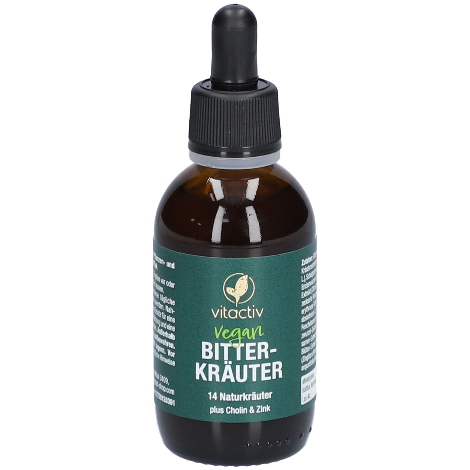 Braune Glasflasche mit schwarzem Deckel und Pipette. Grüne Etiketten mit Produktnamen und Logo.