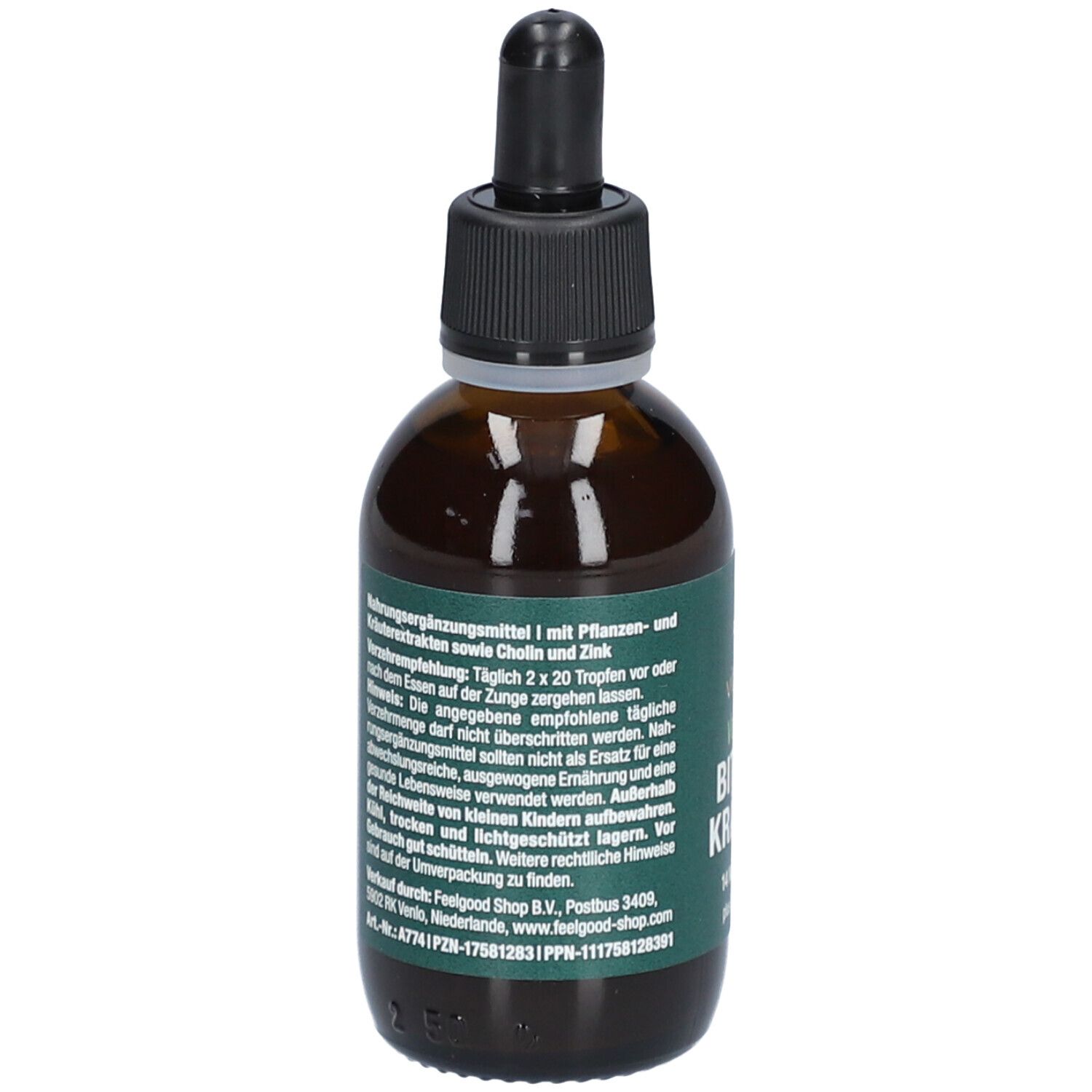 Braune Glasflasche mit schwarzem Deckel und Pipette. Grüne Etiketten mit Produktnamen und Logo.