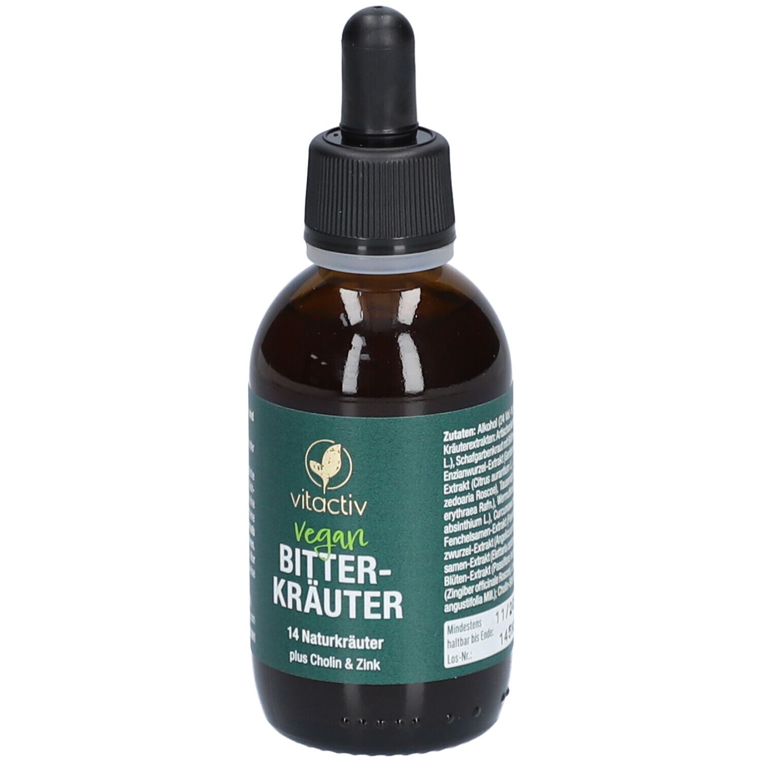 Braune Glasflasche mit schwarzem Deckel und Pipette. Grüne Etiketten mit Produktnamen und Logo.