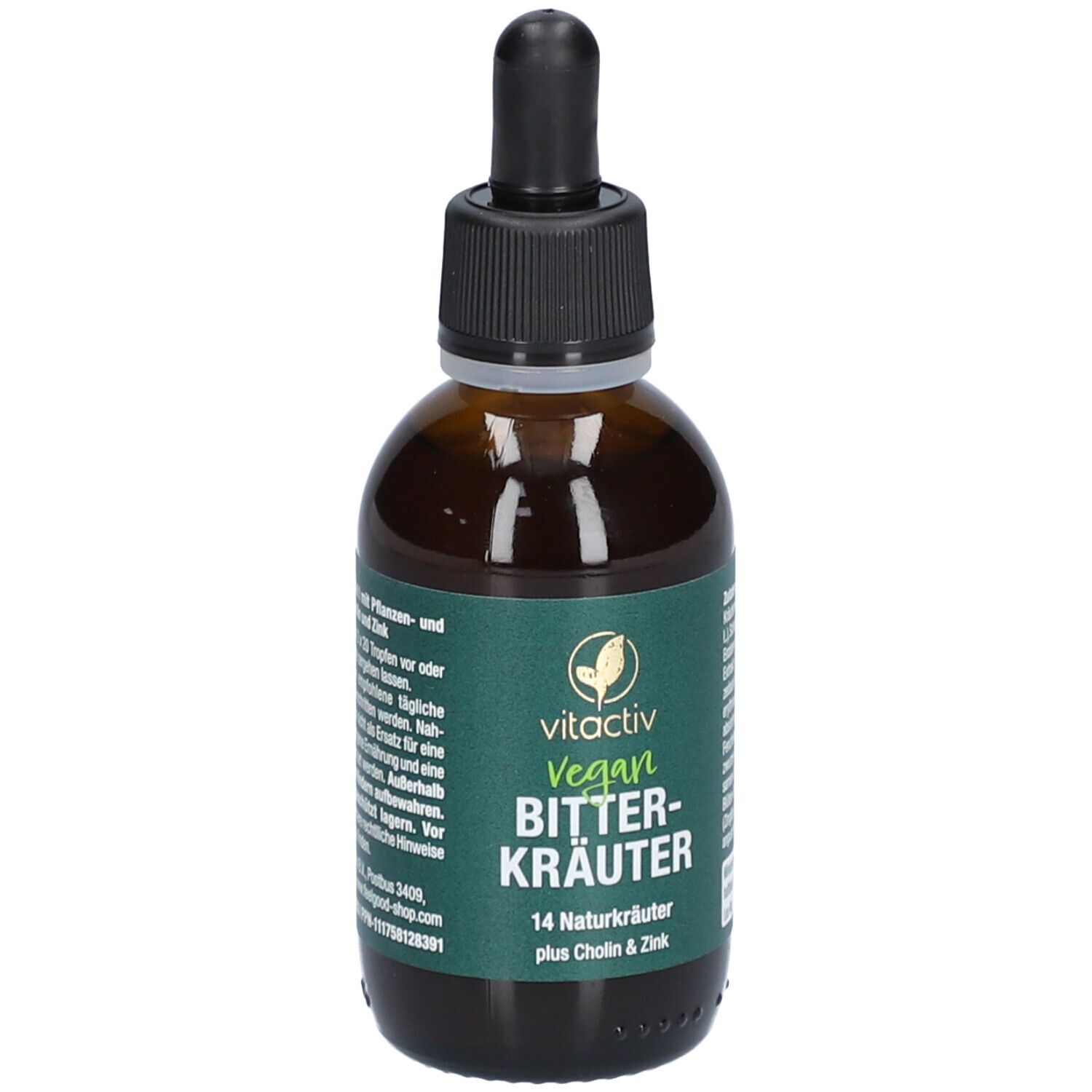 Braune Glasflasche mit schwarzem Deckel und Pipette. Grüne Etiketten mit Produktnamen und Logo.