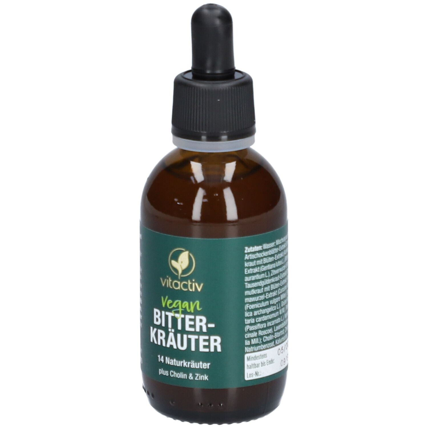 Braune Glasflasche mit Tropfer. Aufschrift: Vitactiv Vegan Bitterkräuter, 14 Naturkräuter plus Cholin & Zink.