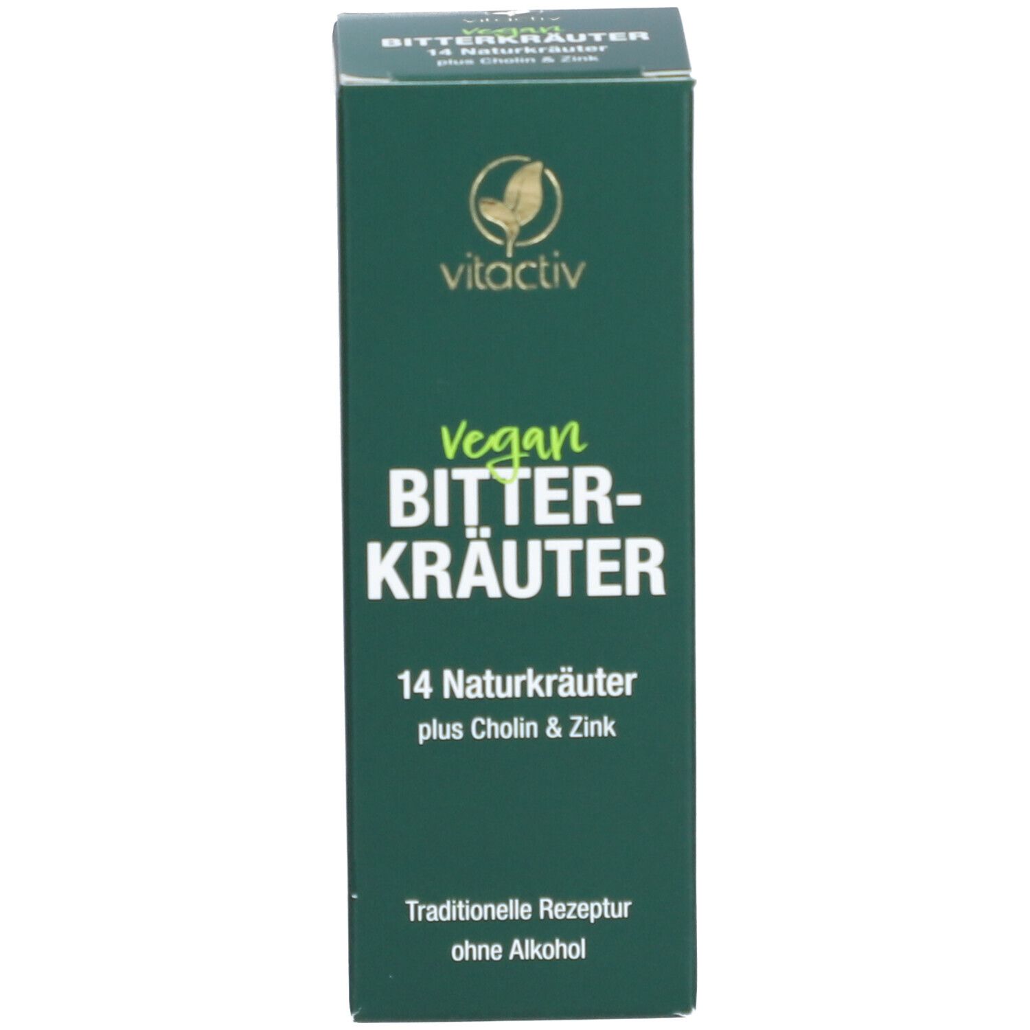 Braune Glasflasche mit Tropfer. Aufschrift: Vitactiv Vegan Bitterkräuter, 14 Naturkräuter plus Cholin & Zink.