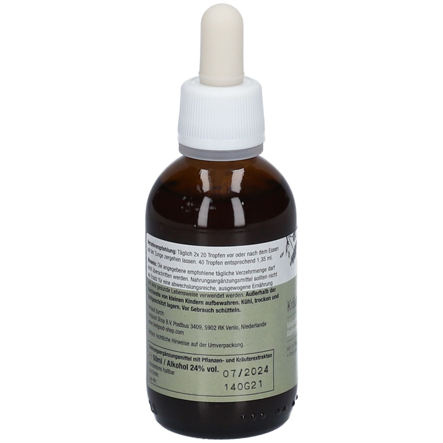 Braune Glasflasche mit Pipette. Aufschrift: pure ella. Kräutertropfen. Vegan. Hinweise.