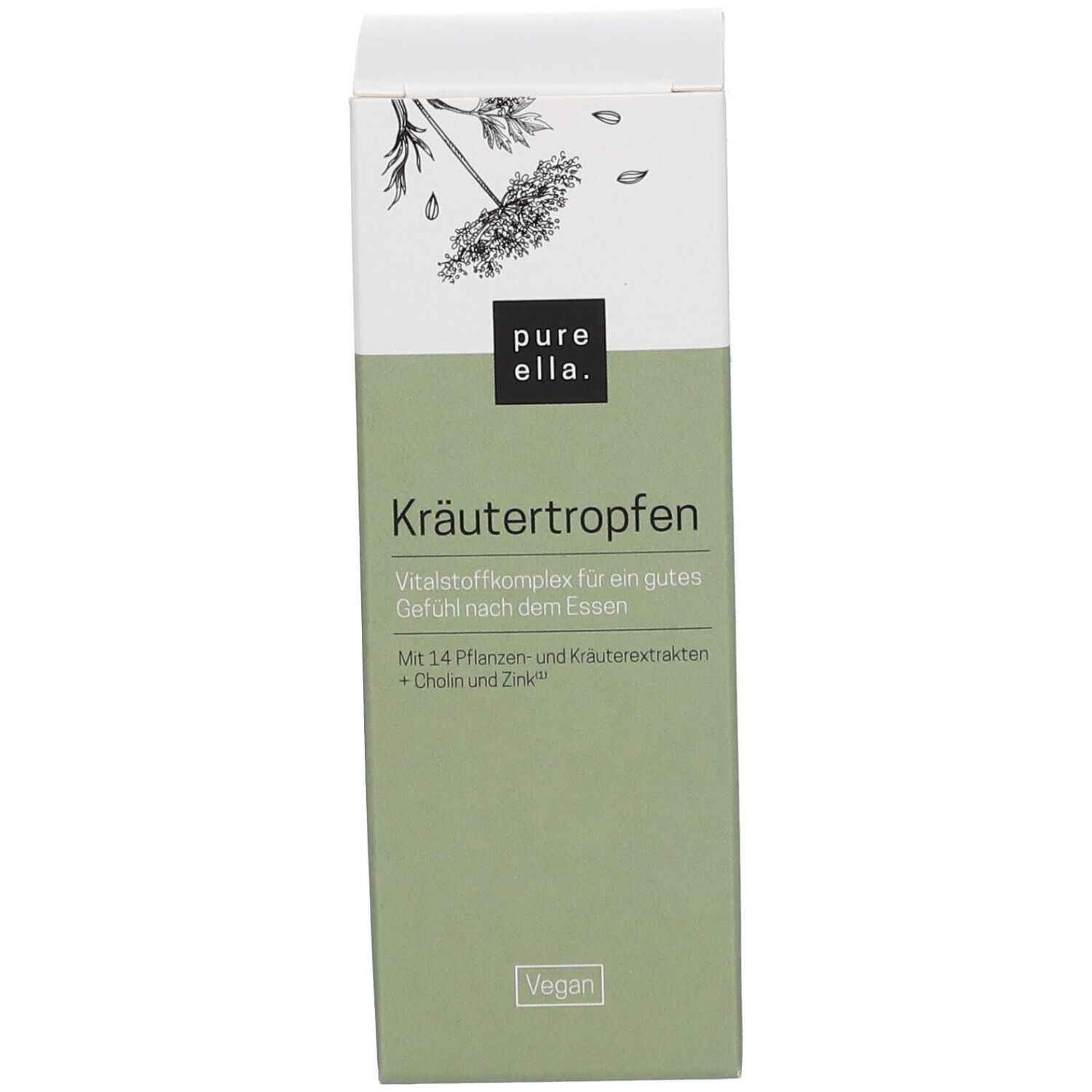 Karton mit Aufschrift: pure ella. Kräutertropfen. Vegan.
