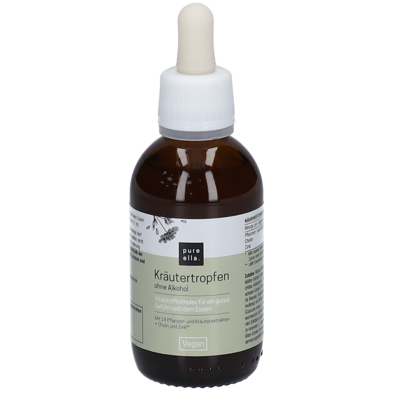 Braune Flasche mit Pipette. Aufschrift: Kräutertropfen ohne Alkohol. Vegan. Etikett mit Text.