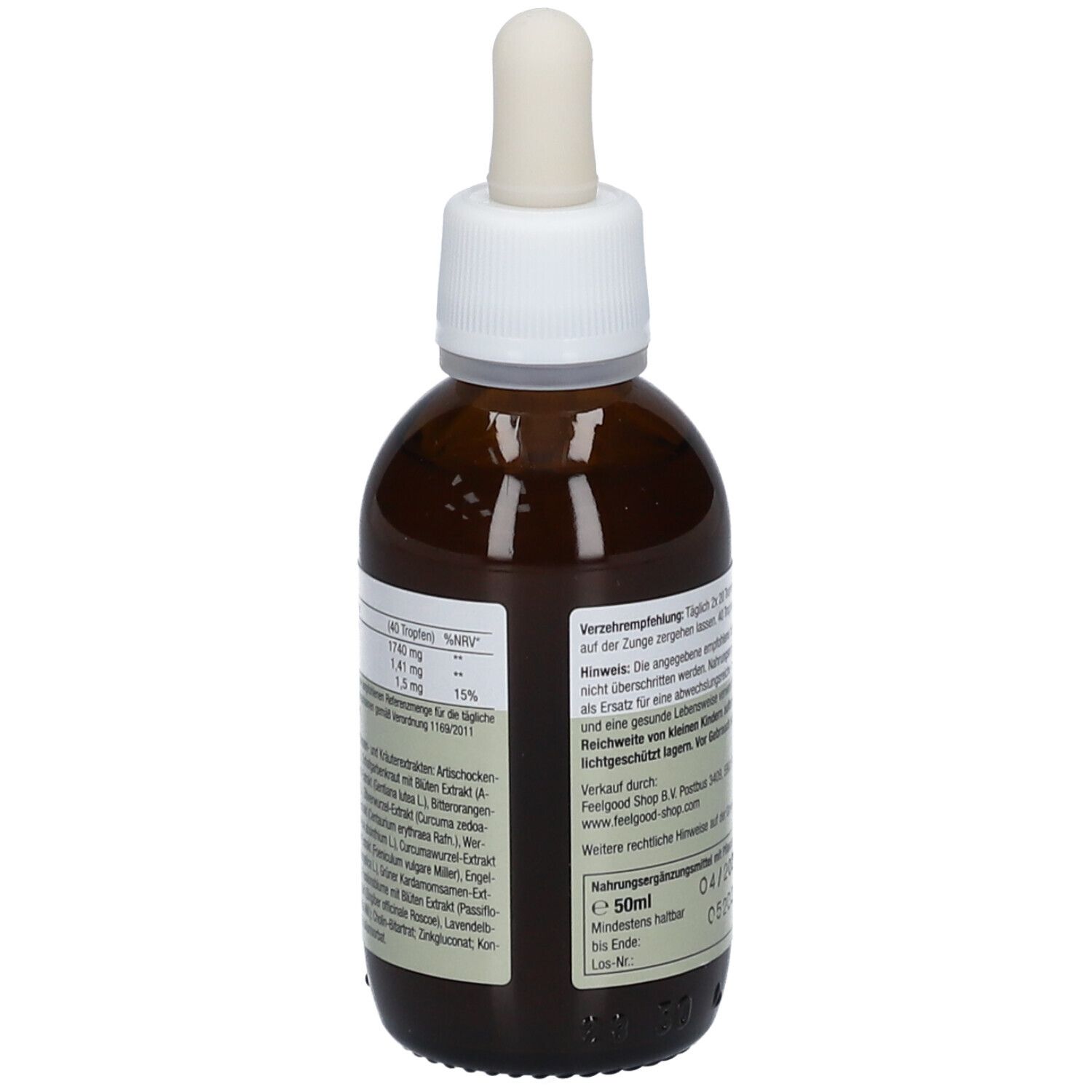 Braune Flasche mit Pipette. Aufschrift: Kräutertropfen ohne Alkohol. Vegan. Rückseite mit Text und Nährwertdeklaration.