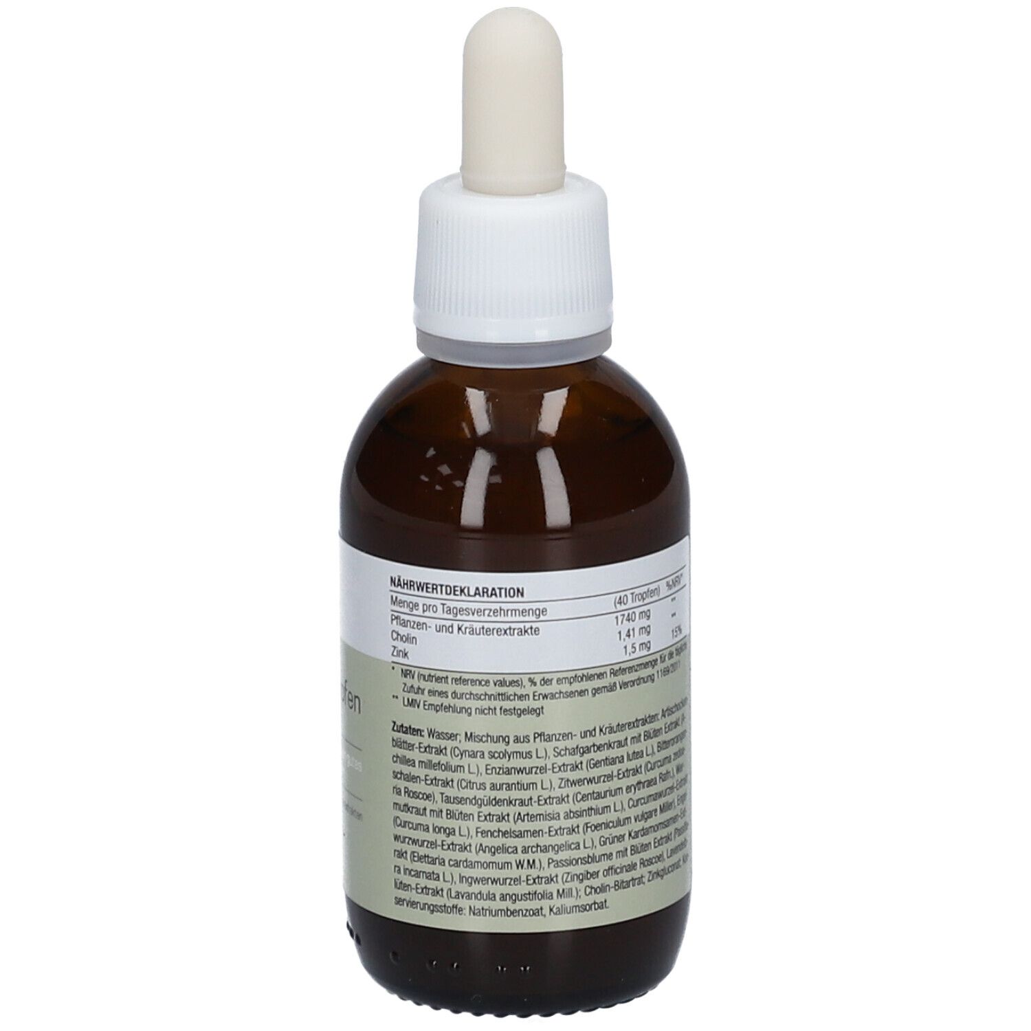 Braune Flasche mit Pipette. Aufschrift: Kräutertropfen ohne Alkohol. Vegan. Rückseite mit Text und Nährwertdeklaration.