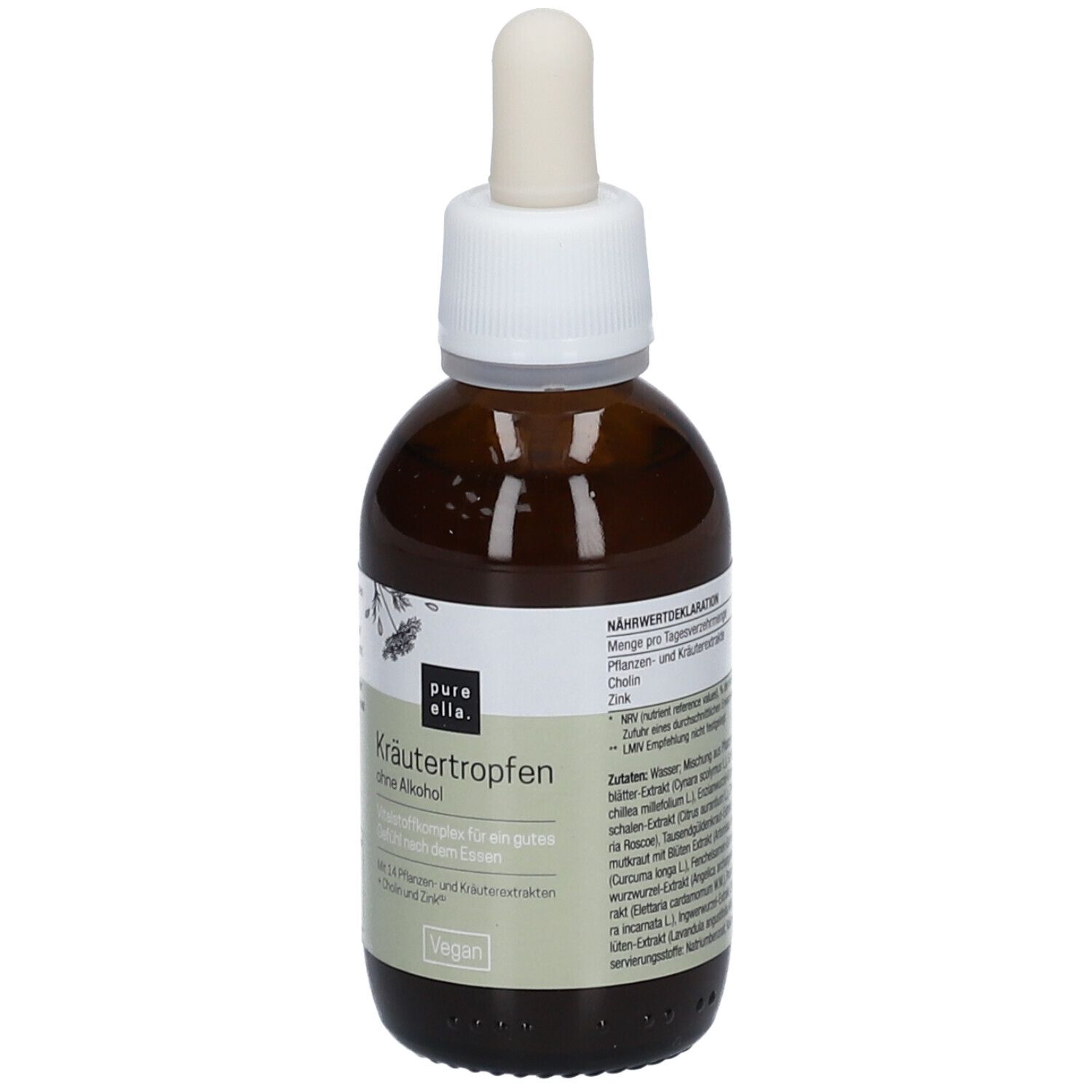 Braune Flasche mit Pipette. Aufschrift: Kräutertropfen ohne Alkohol. Vegan. Rückseite mit Text und Nährwertdeklaration.
