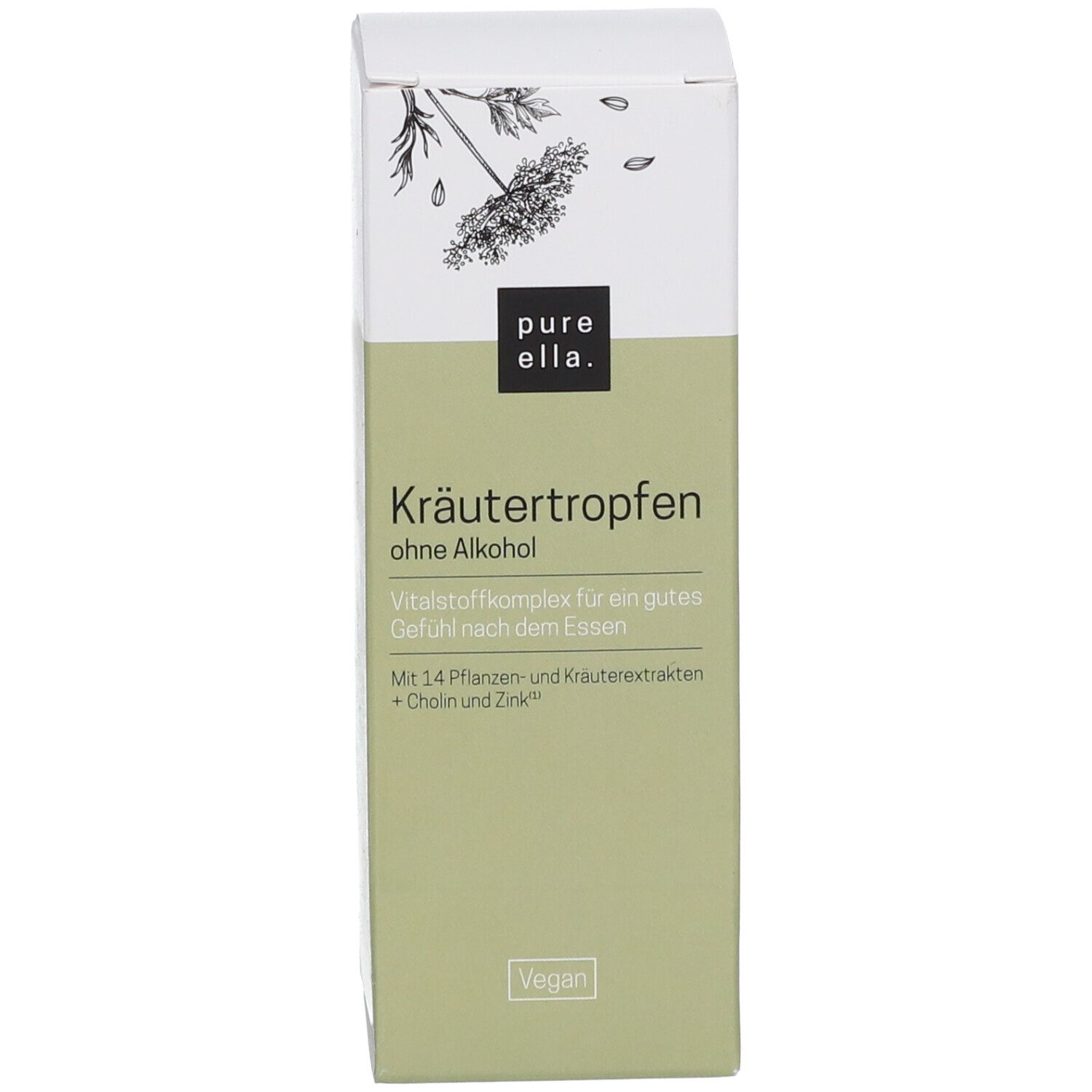 Karton mit Aufschrift: Kräutertropfen ohne Alkohol. Vegan.