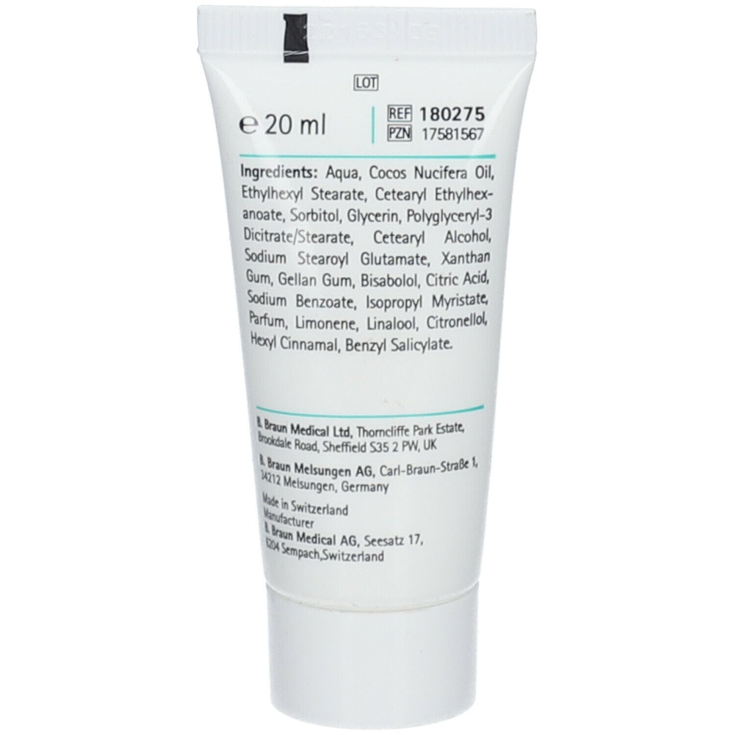 Rückseite der Tube. Text: „e 20 ml“. Inhaltsstoffe und Herstellerangaben. Chargennummer und Referenznummer.