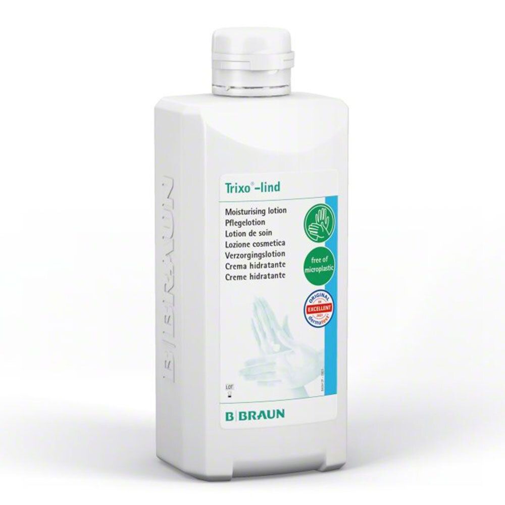 Weiße Flasche mit "Trixo-lind"-Aufdruck. Enthält Feuchtigkeitslotion. Logo "B. Braun". Frei von Mikroplastik.