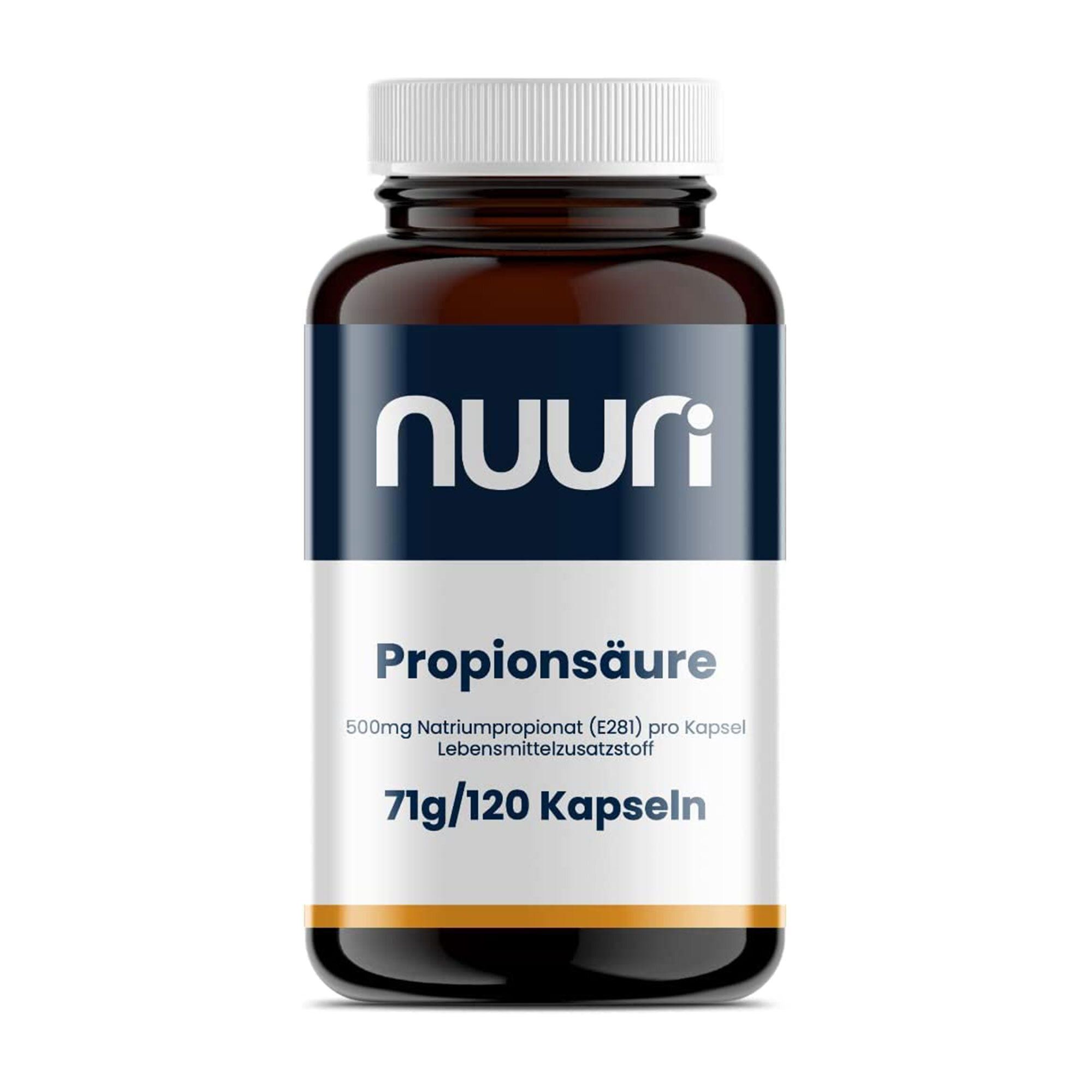 Braune Flasche mit weißem Deckel. Aufschrift: nuuri, Propionsäure, 71g/120 Kapseln.