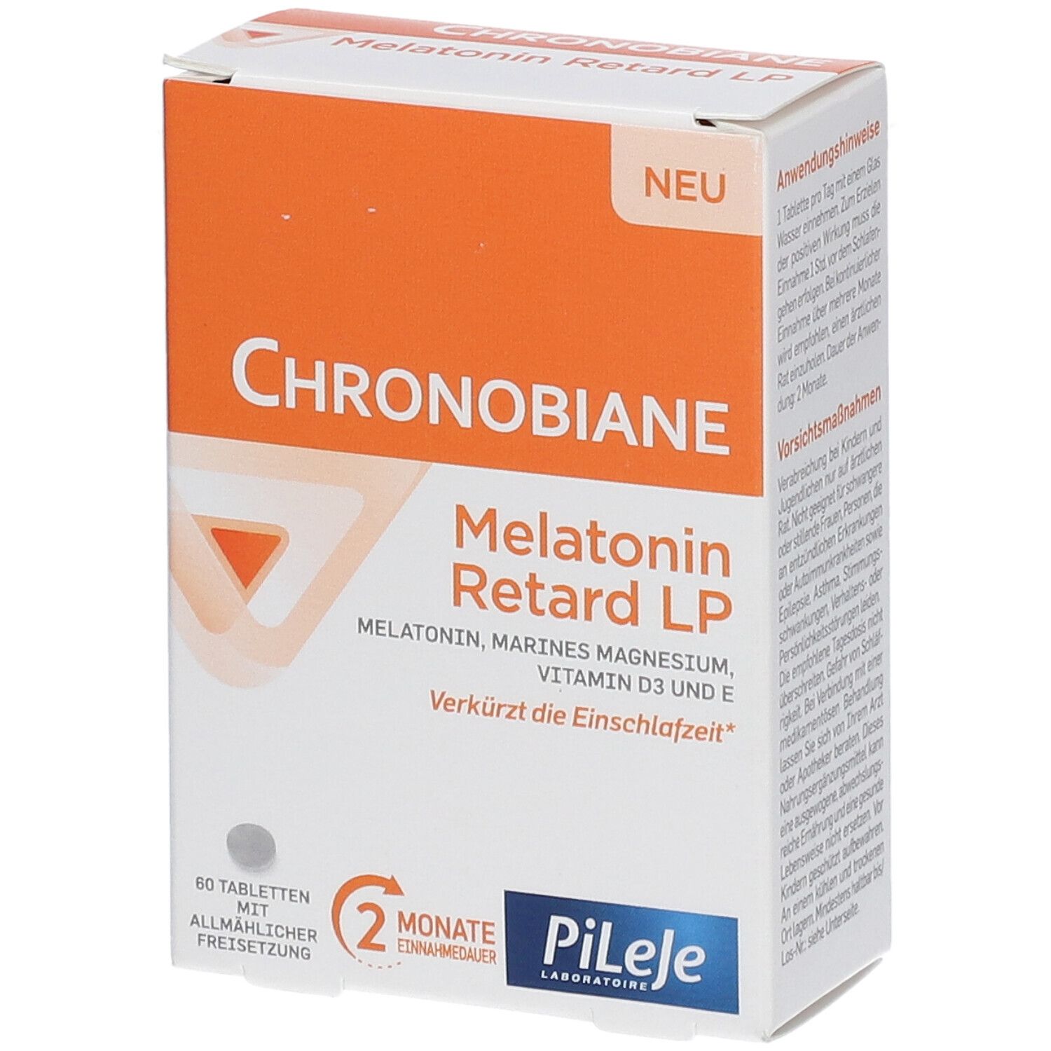 Weiß-orange Schachtel. Aufschrift: Chronobiane Melatonin Retard LP. Enthält 60 Tabletten. Marke: PiLeJe.