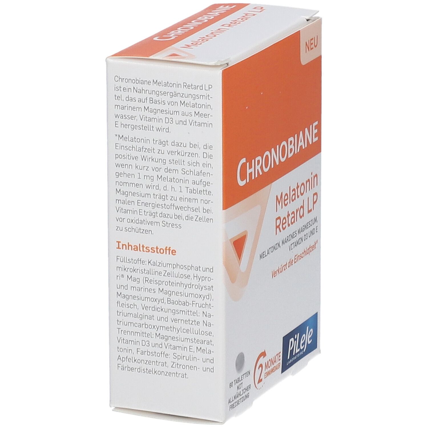 Schachtel, weiß-orange. Aufschrift: Chronobiane Melatonin Retard LP. Text und Logo von PiLeJe. Ansicht von der Seite.