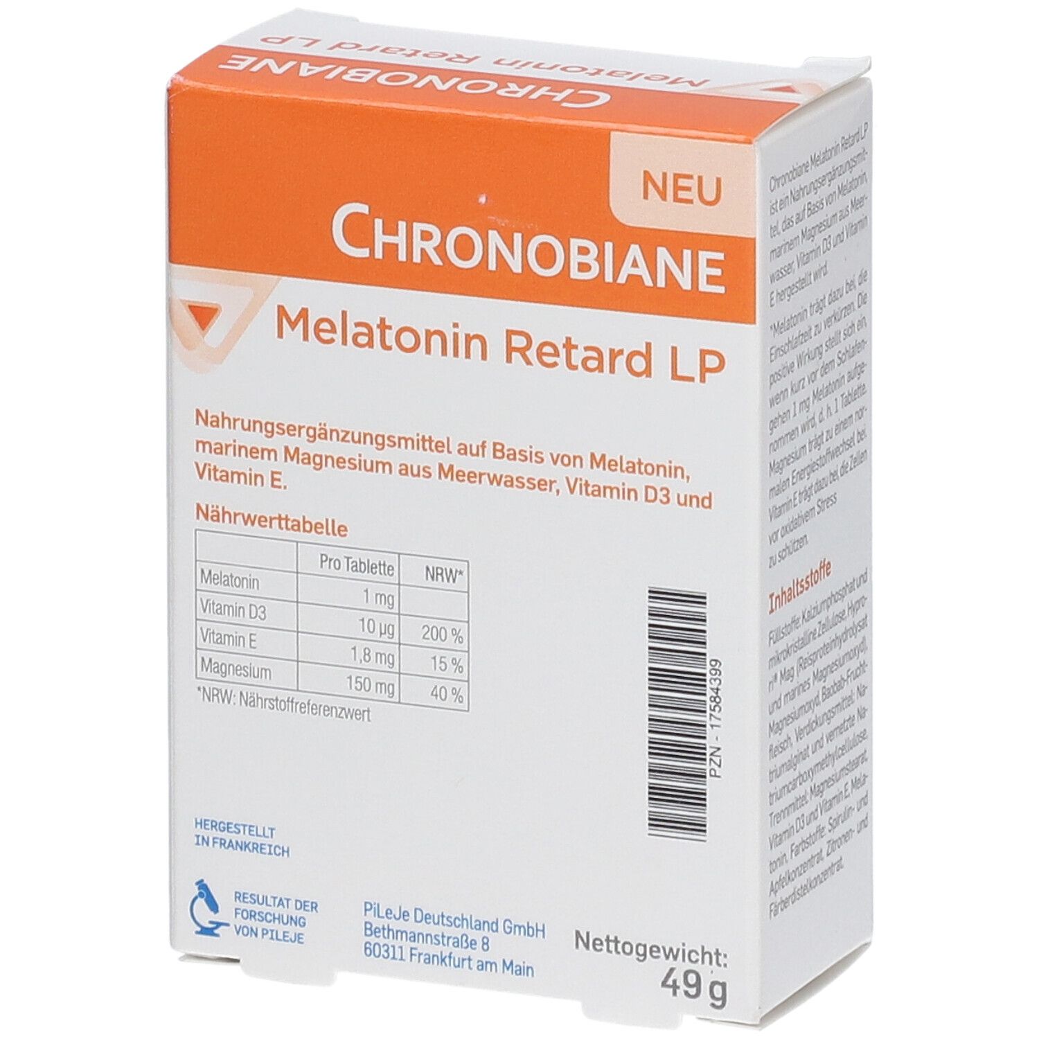 Weiß-orange Schachtel. Aufschrift: Chronobiane Melatonin Retard LP. Nährwerttabelle. Nettogewicht: 49g. Marke: PiLeJe.