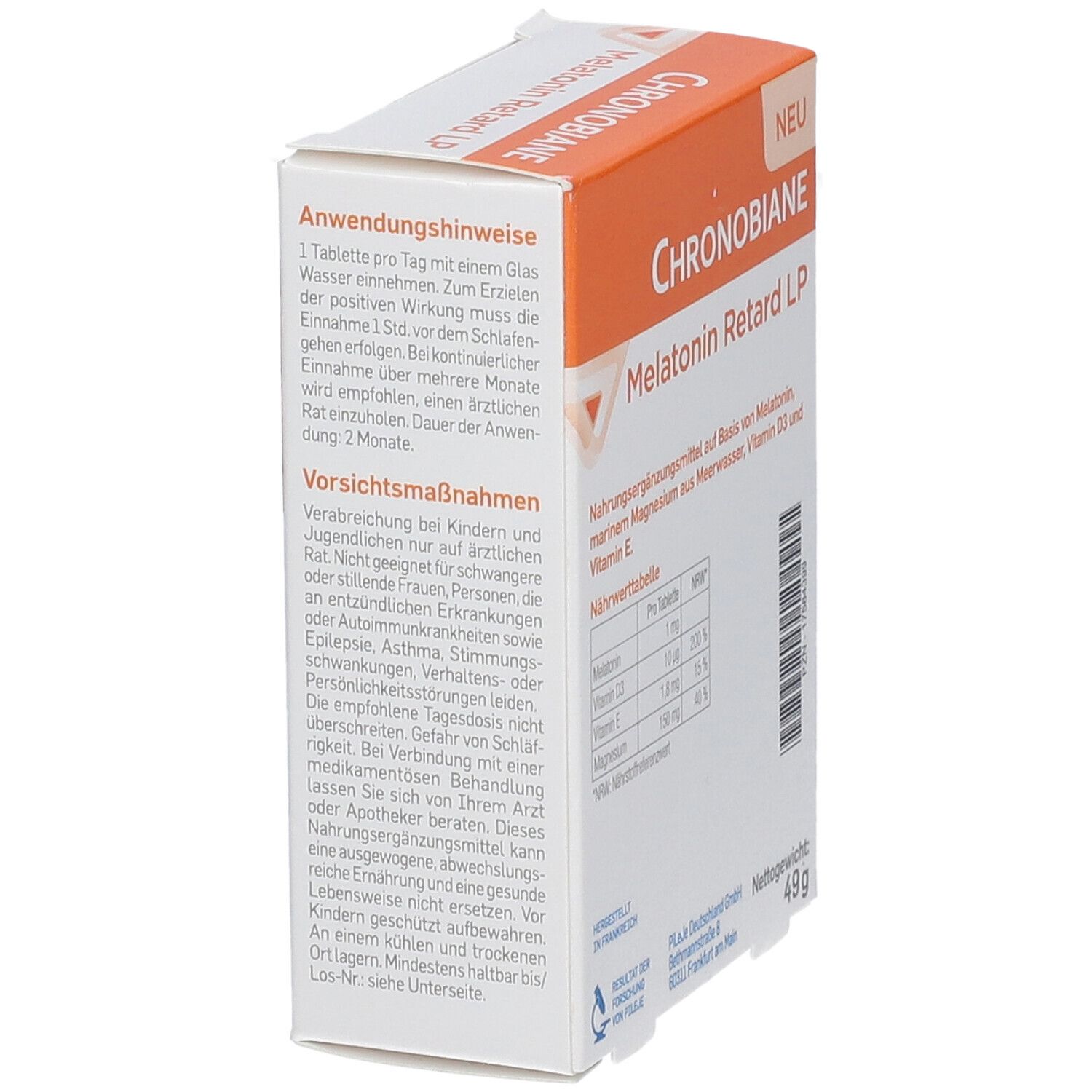Weiß-orange Schachtel. Aufschrift: Chronobiane Melatonin Retard LP. Anwendungshinweise. Nettogewicht: 49g. Marke: PiLeJe.