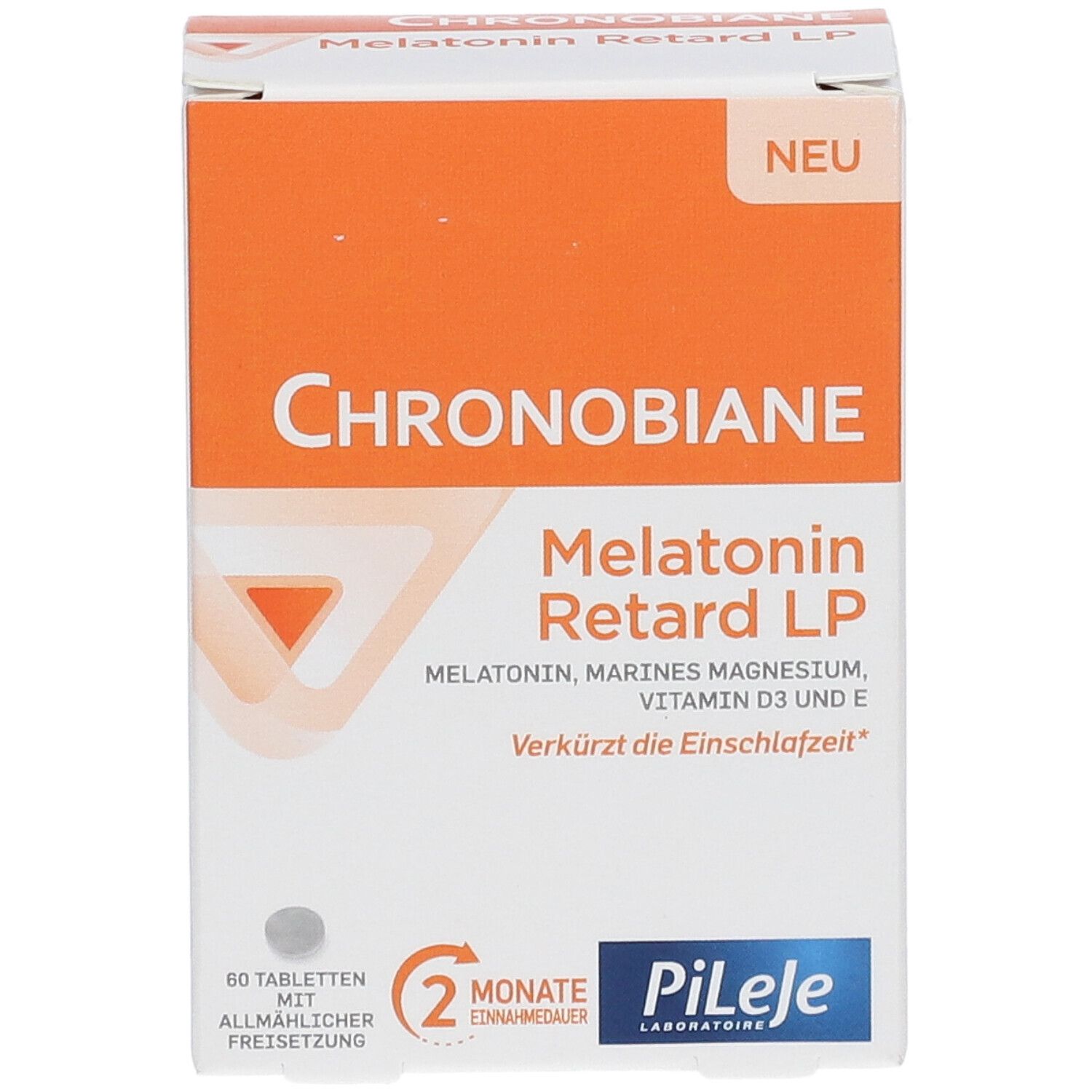 Weiß-orange Schachtel. Aufschrift: Chronobiane Melatonin Retard LP. 60 Tabletten. Marke: PiLeJe. Eine Tablette liegt daneben.
