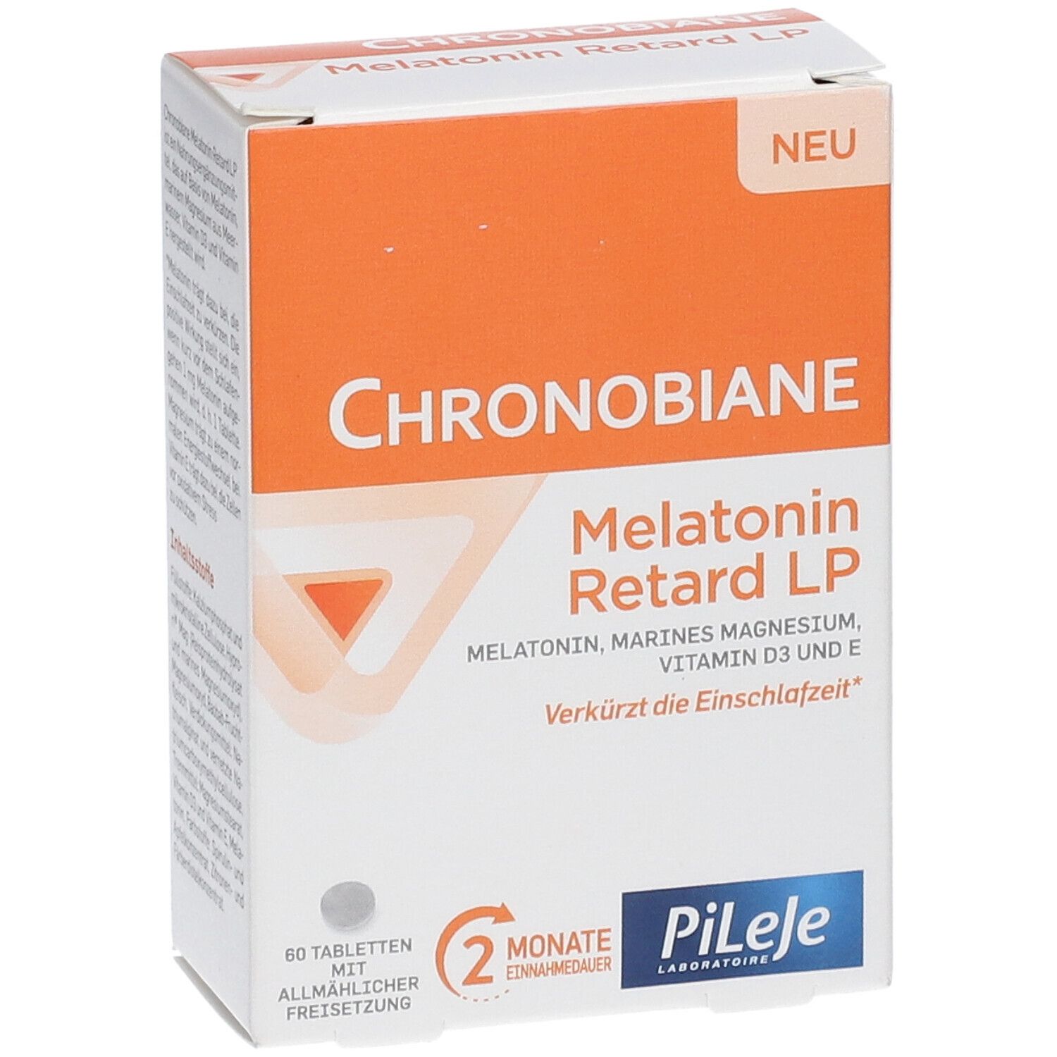 Weiß-orange Schachtel. Aufschrift: Chronobiane Melatonin Retard LP. 60 Tabletten. Marke: PiLeJe. Ansicht von der Seite.