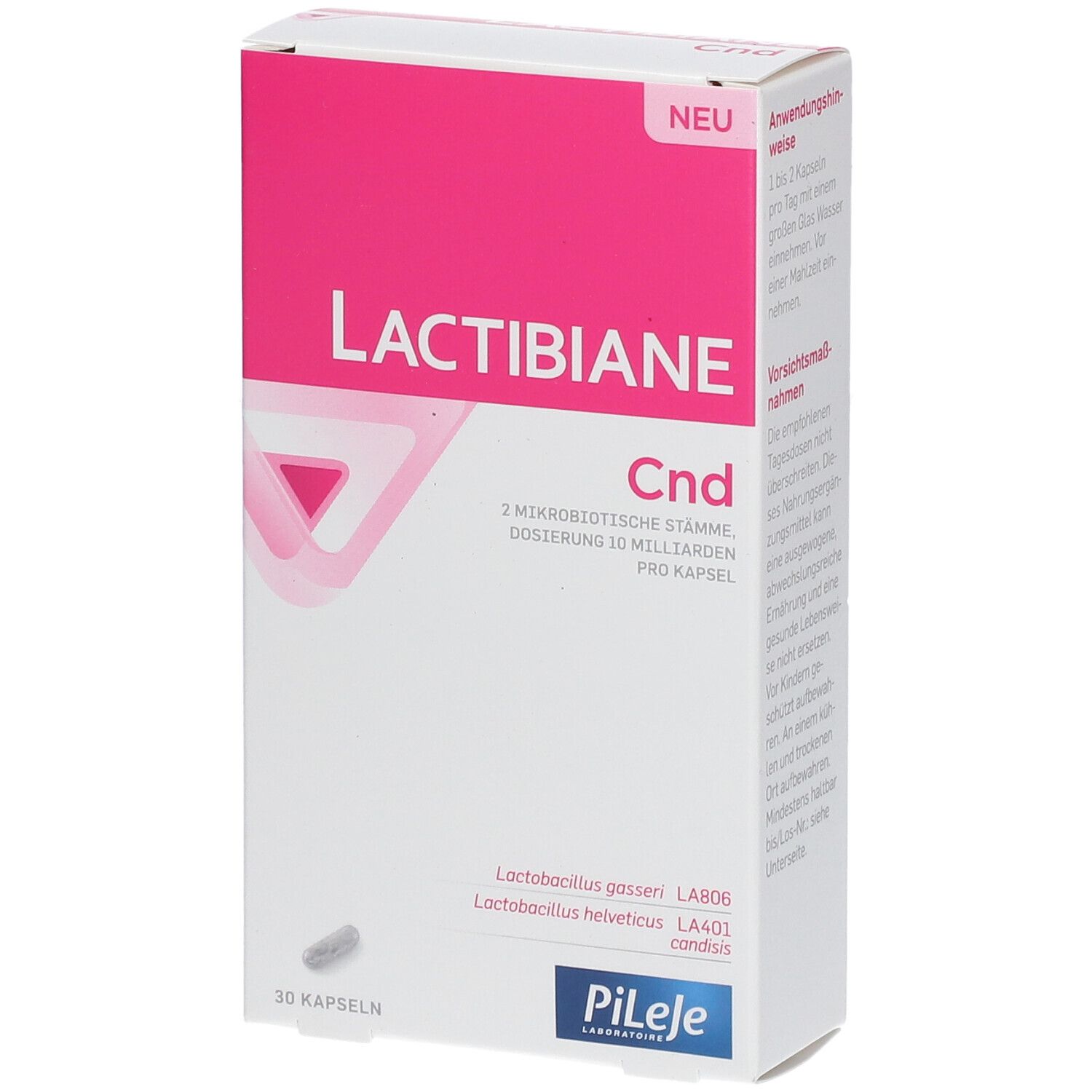 Verpackung von Lactibiane Cnd. Rosa und weiße Schachtel mit Produktnamen und Kapsel-Abbildung. 30 Kapseln.