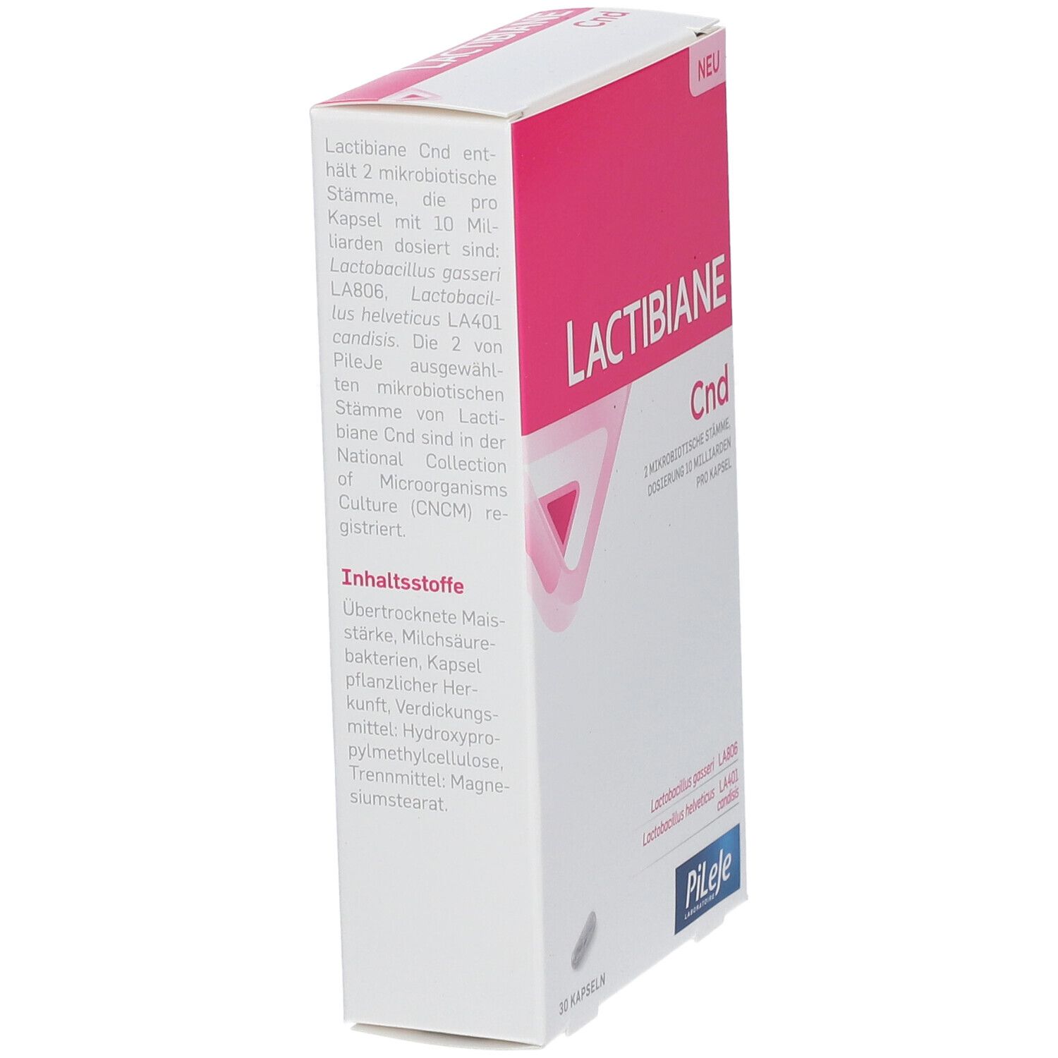 Lactibiane Cnd-Verpackung. Weiße Schachtel mit rosa Akzenten. Produktname, Inhaltsstoffe und Herstellerinformationen.
