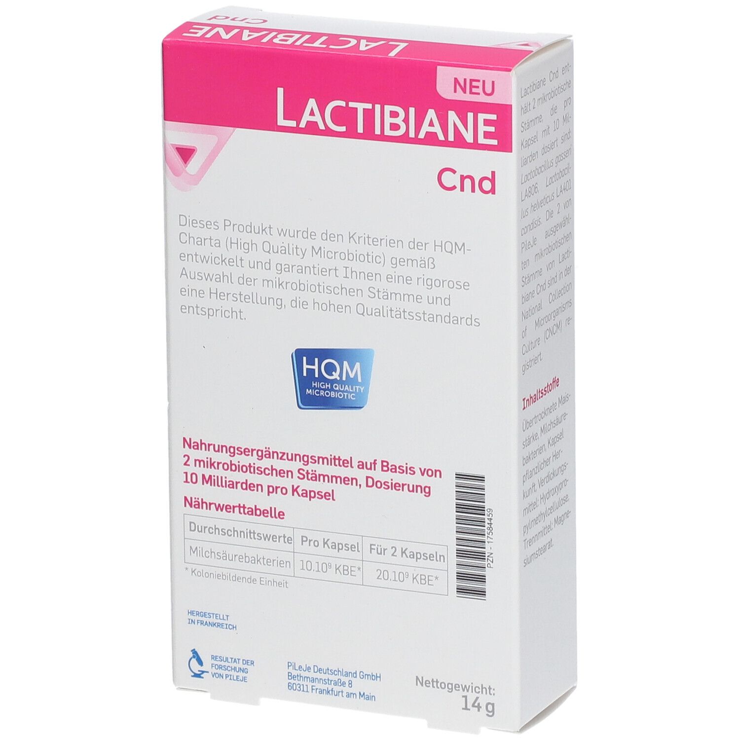 Rückseite der Lactibiane Cnd-Verpackung. Weiße Schachtel mit rosa Akzenten. HQM-Logo, Nährwertangaben und Hersteller.