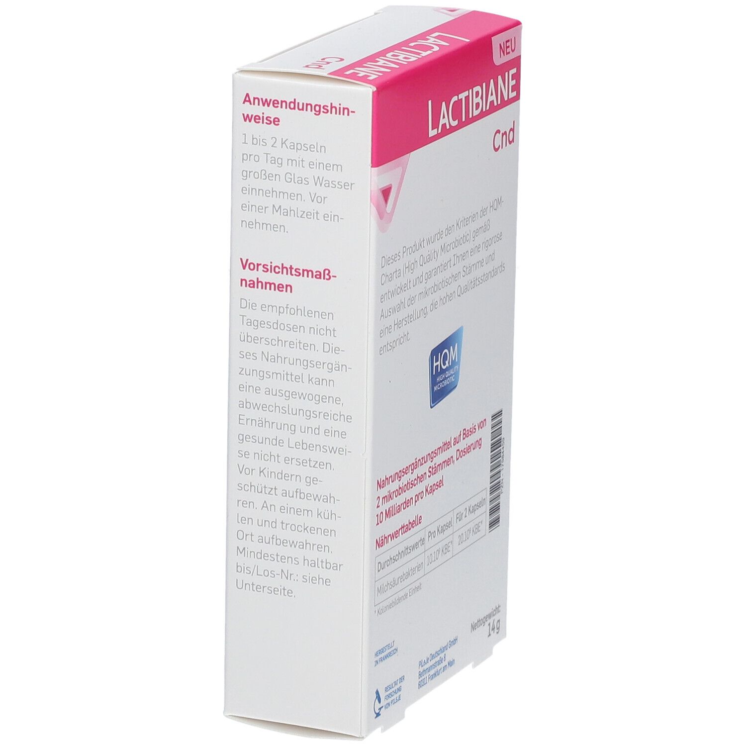 Seite der Lactibiane Cnd-Verpackung. Weiße Schachtel mit rosa Akzenten. Anwendungshinweise und Vorsichtsmaßnahmen.
