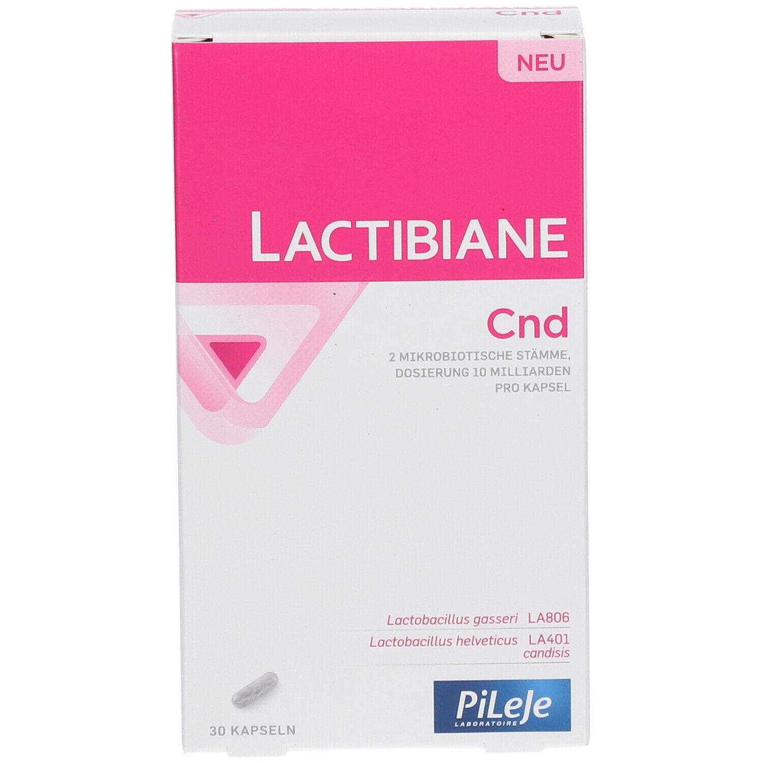 Lactibiane Cnd-Verpackung. Weiße Schachtel mit rosa Akzenten. Produktname, Kapsel-Abbildung. 30 Kapseln.