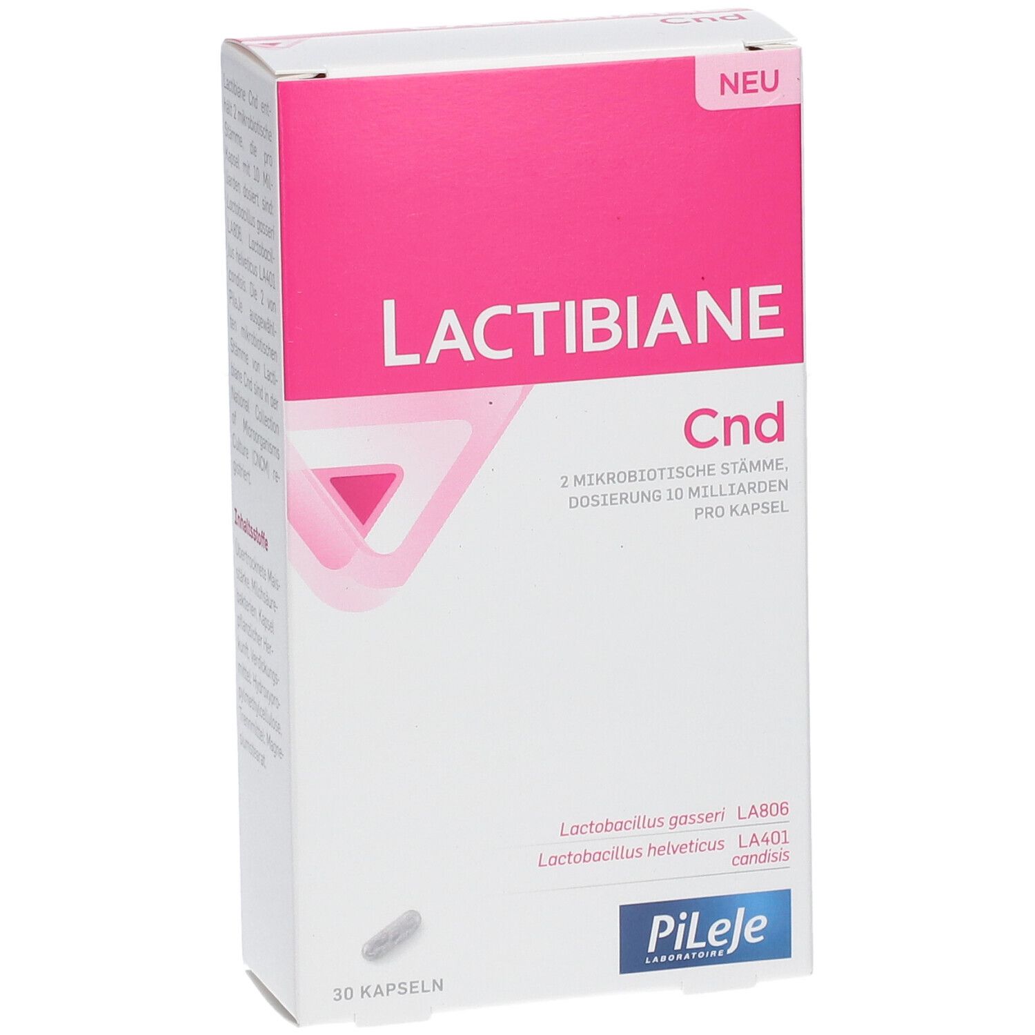 Lactibiane Cnd-Verpackung. Weiße Schachtel mit rosa Akzenten. Produktname, Kapsel-Abbildung. 30 Kapseln.