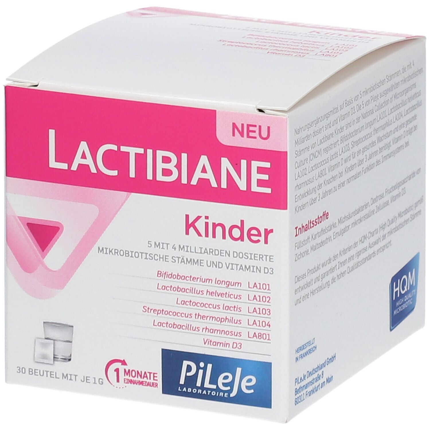 Weiße Schachtel mit rosa Akzenten. Aufschrift LACTIBIANE Kinder. Enthält 30 Beutel. Logo Pileje.