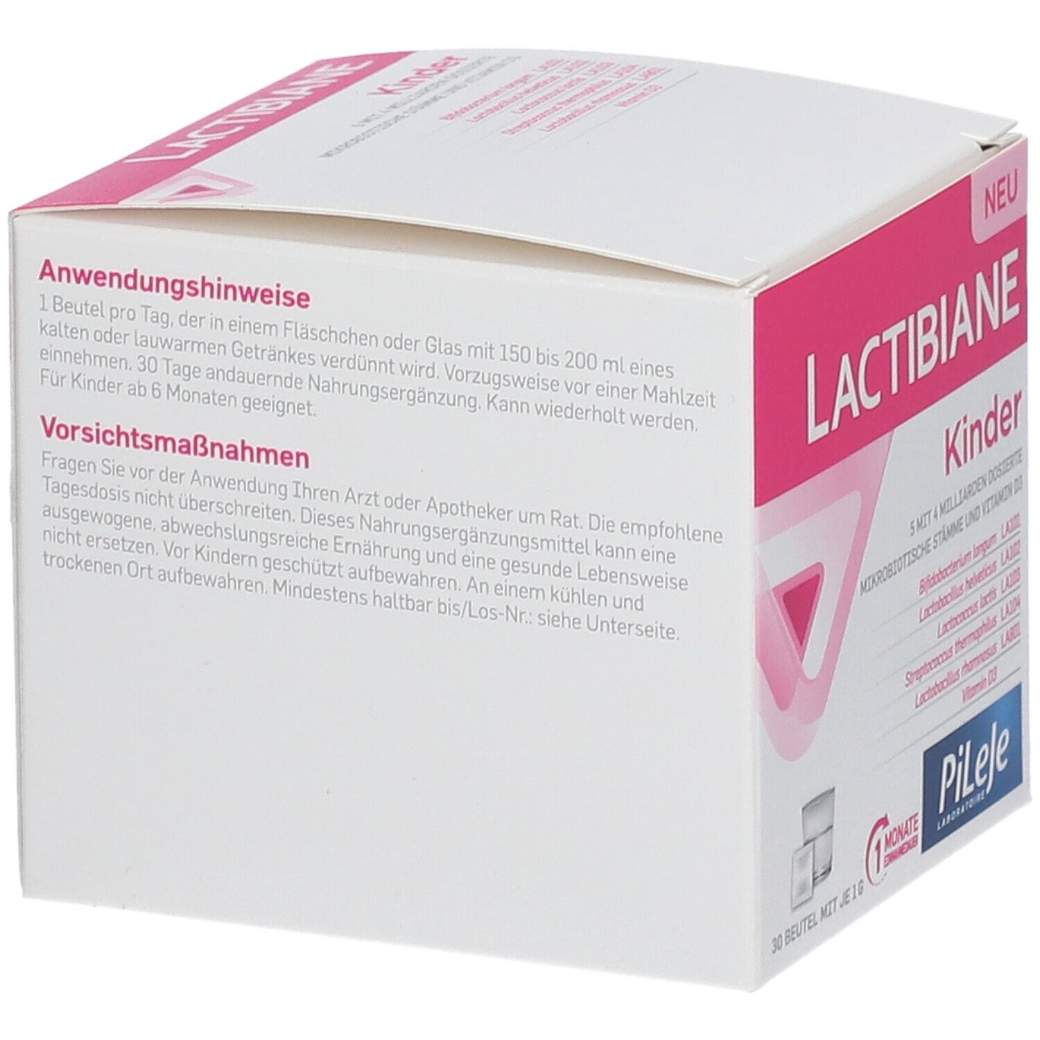 Weiße Schachtel mit rosa Akzenten. Text zu Anwendung und Vorsichtsmaßnahmen. Aufschrift LACTIBIANE Kinder. Logo Pileje.