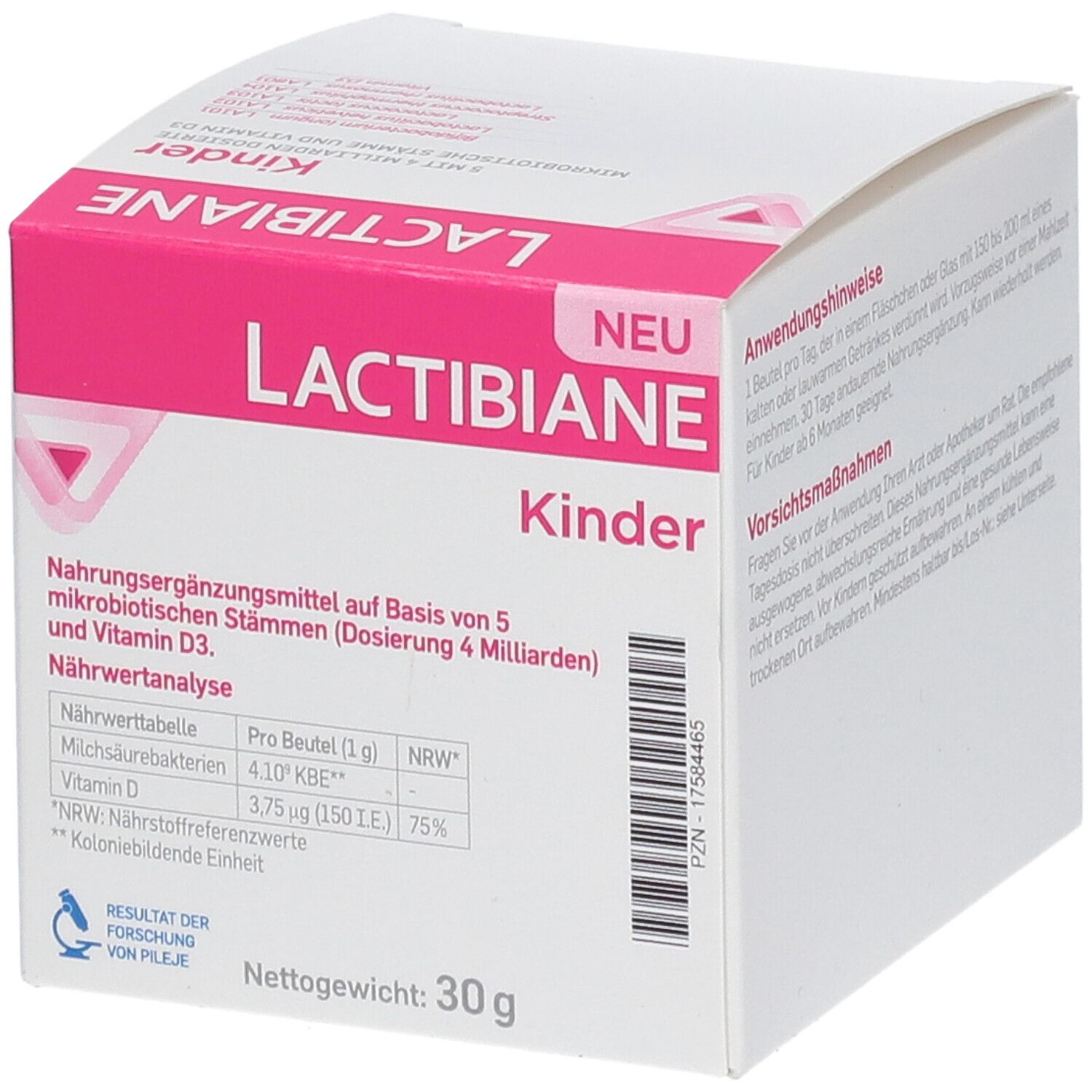 Weiße Schachtel mit rosa Akzenten. Aufschrift LACTIBIANE Kinder. Nährwertanalyse. Logo Pileje. Nettogewicht 30g.