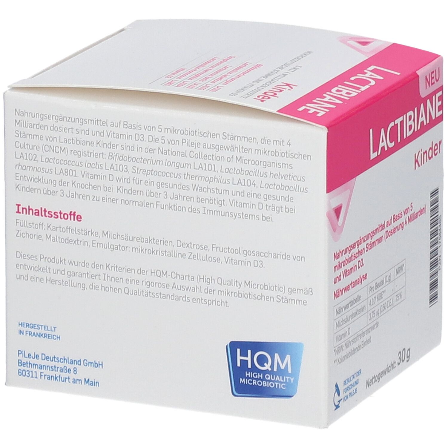 Weiße Schachtel mit rosa Akzenten. Text über Inhaltsstoffe und Qualität. Aufschrift LACTIBIANE Kinder. Logo HQM.