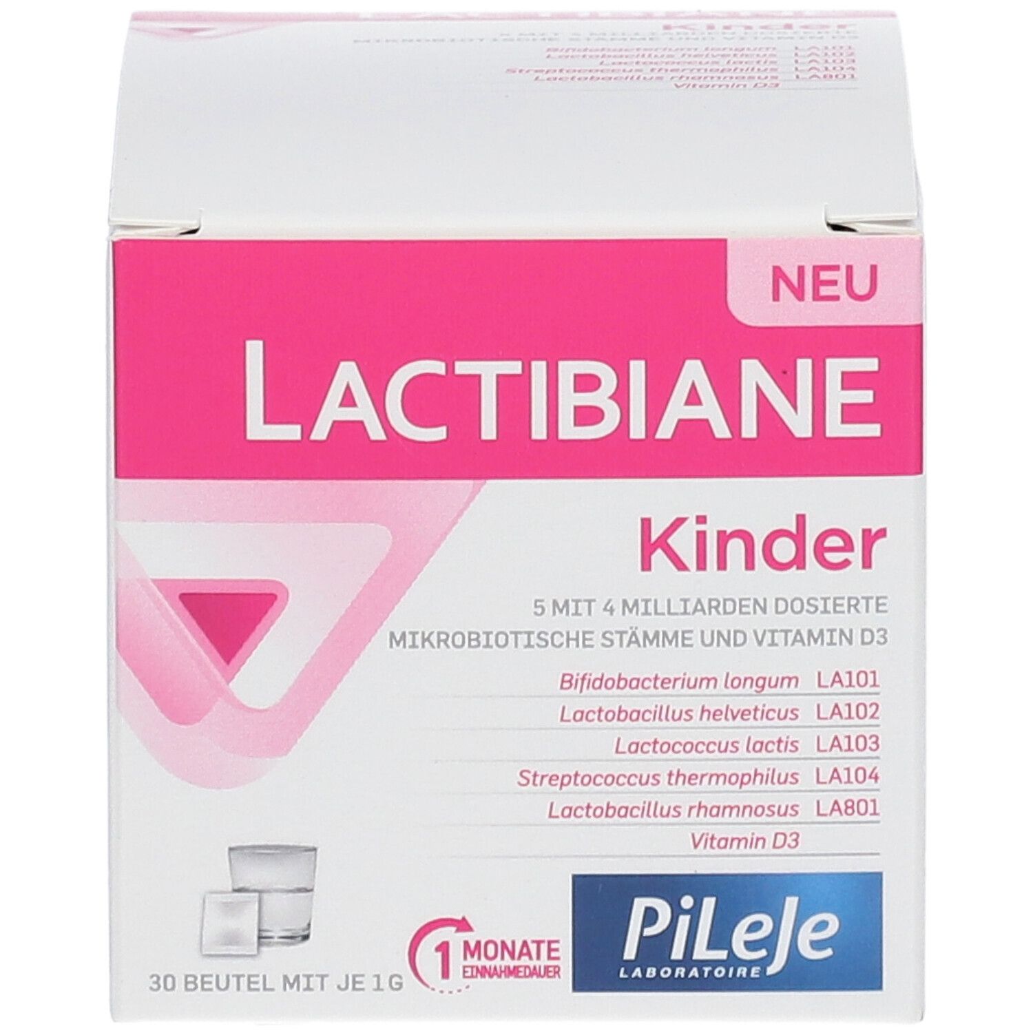 Weiße Schachtel mit rosa Akzenten. Aufschrift LACTIBIANE Kinder. Enthält 30 Beutel. Logo Pileje.